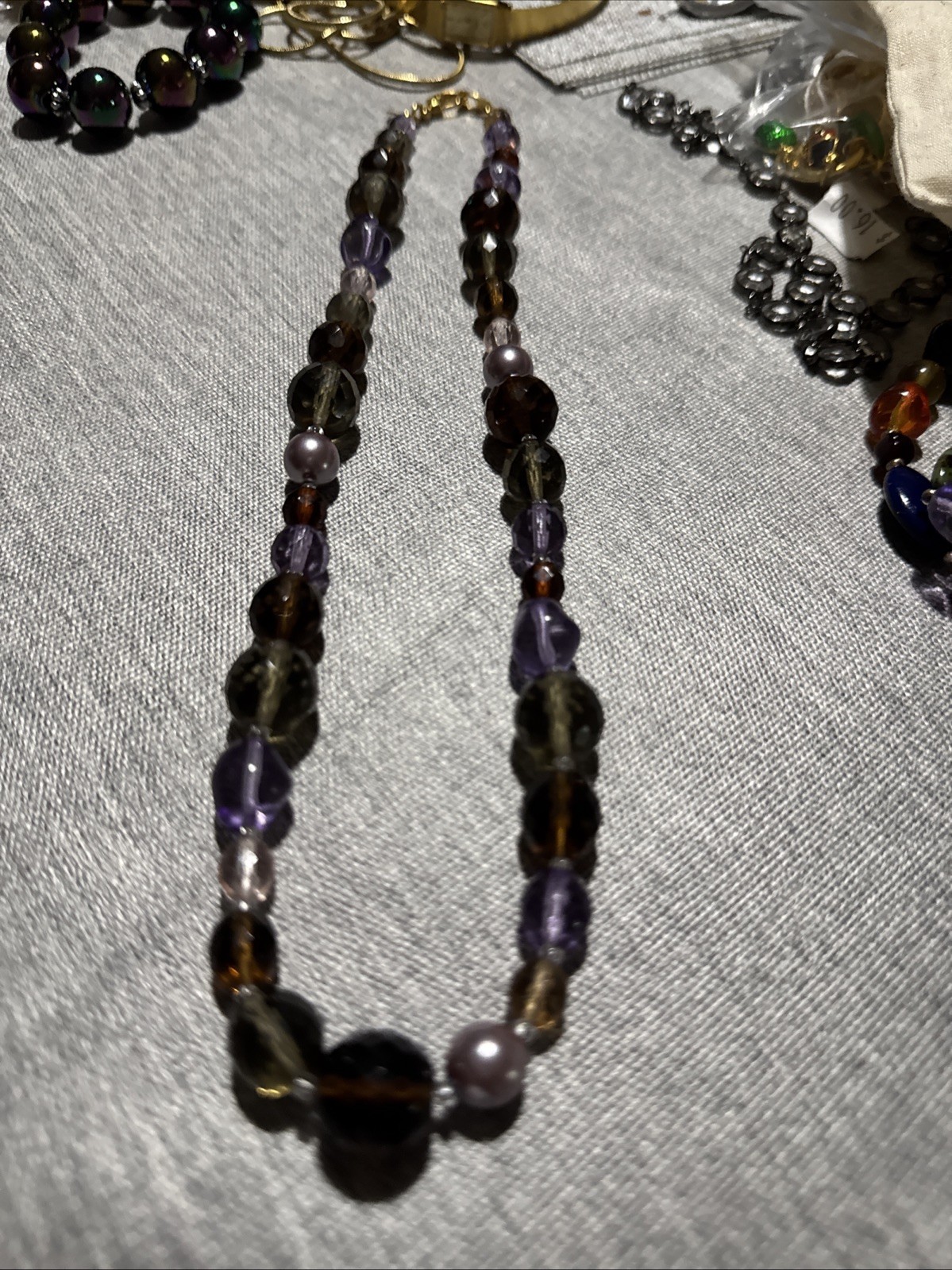 Joan Rivers Purple Pink Brown Faceted Glass Faux Pearl Beaded Necklace