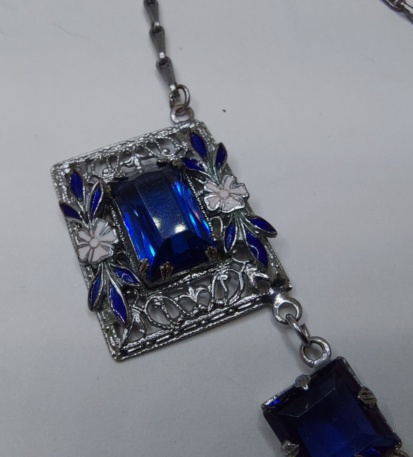 1920s Art Deco Czech Deep Blue Glass Enamel Flower Floral Filigree Necklace
