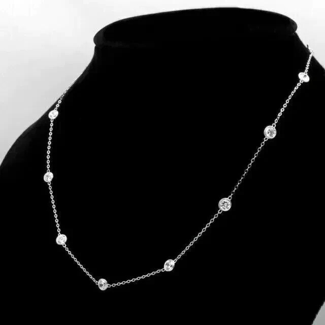 By Yard Station Necklace 3Ct VVS1 Diamond 14K White Gold Plated Bezel Chain 18″