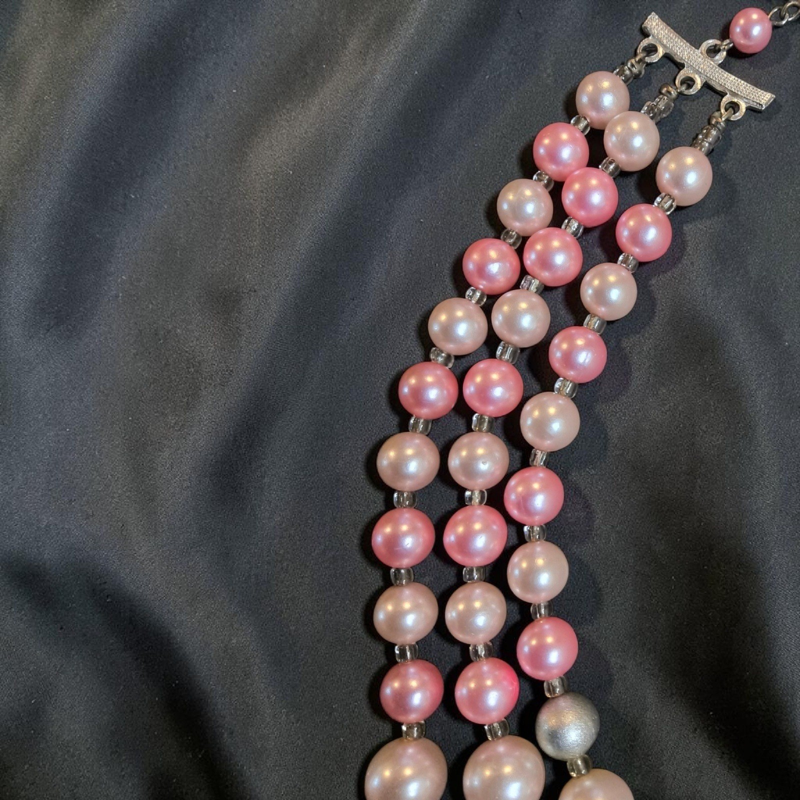 Vintage Japan-Stamped Pink Gray 3 Strand Beaded Bib Necklace Faux Pearl Crystal
