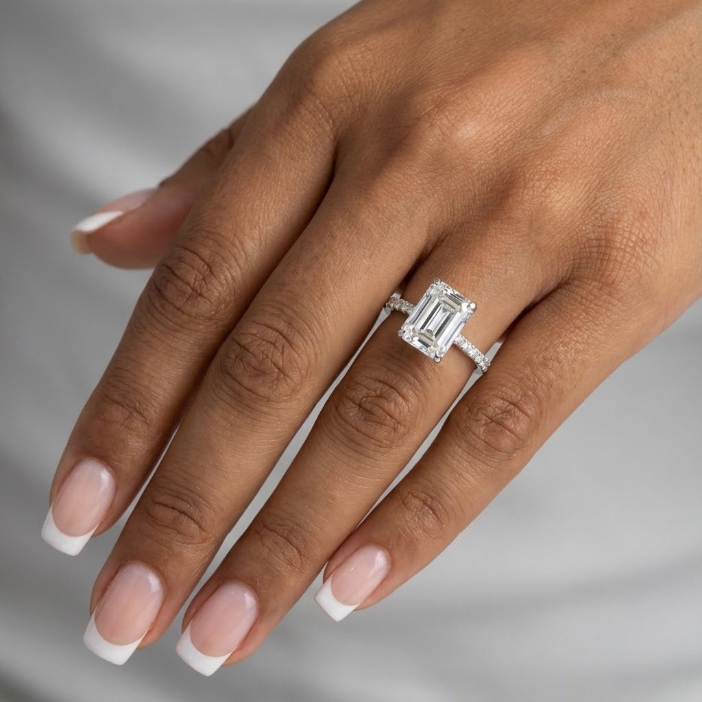 Engagement Ring 14K White Gold Under Halo Emerald 6 CT Lab-Grown Diamond G VS1