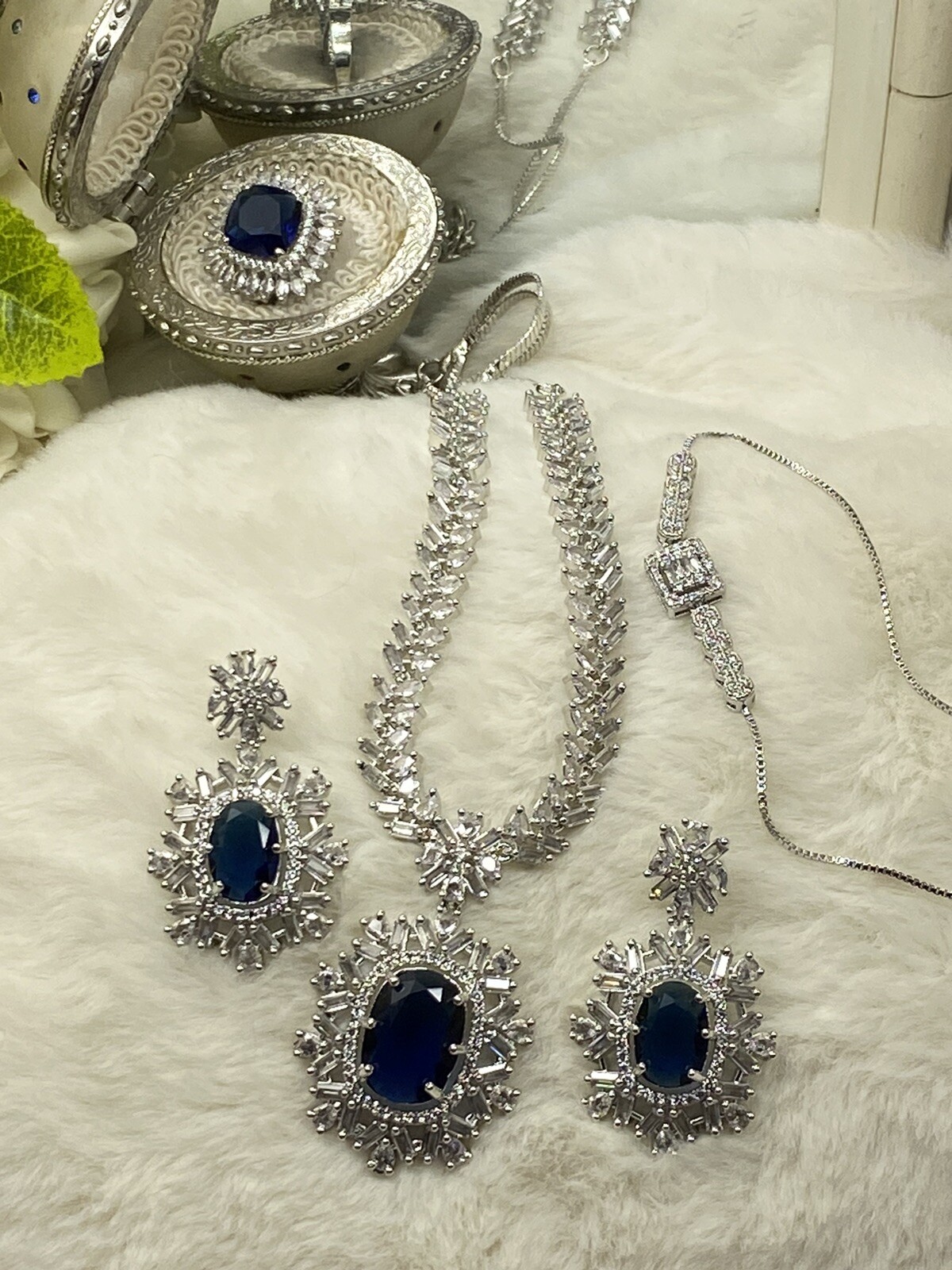 💝925 Silver, CZ & Sapphire Necklace, Earrings, Bracelet & Ring, Size