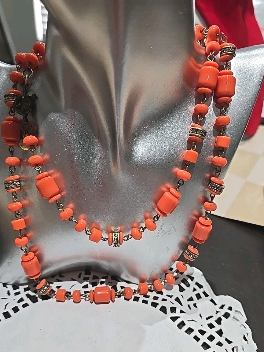 j crew 32″ Beads Salmon Rhinestone 80Th DISCO ERA. BOOGIE NIGHT GIFT N#95