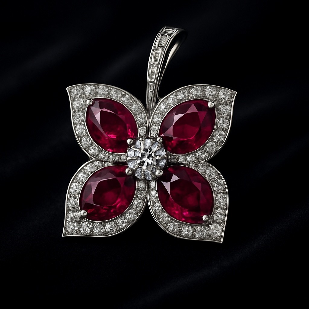 Pendant Brooch 750 White Gold 18K Ruby Diamond 4.2ct Brilliant Baguette VVS