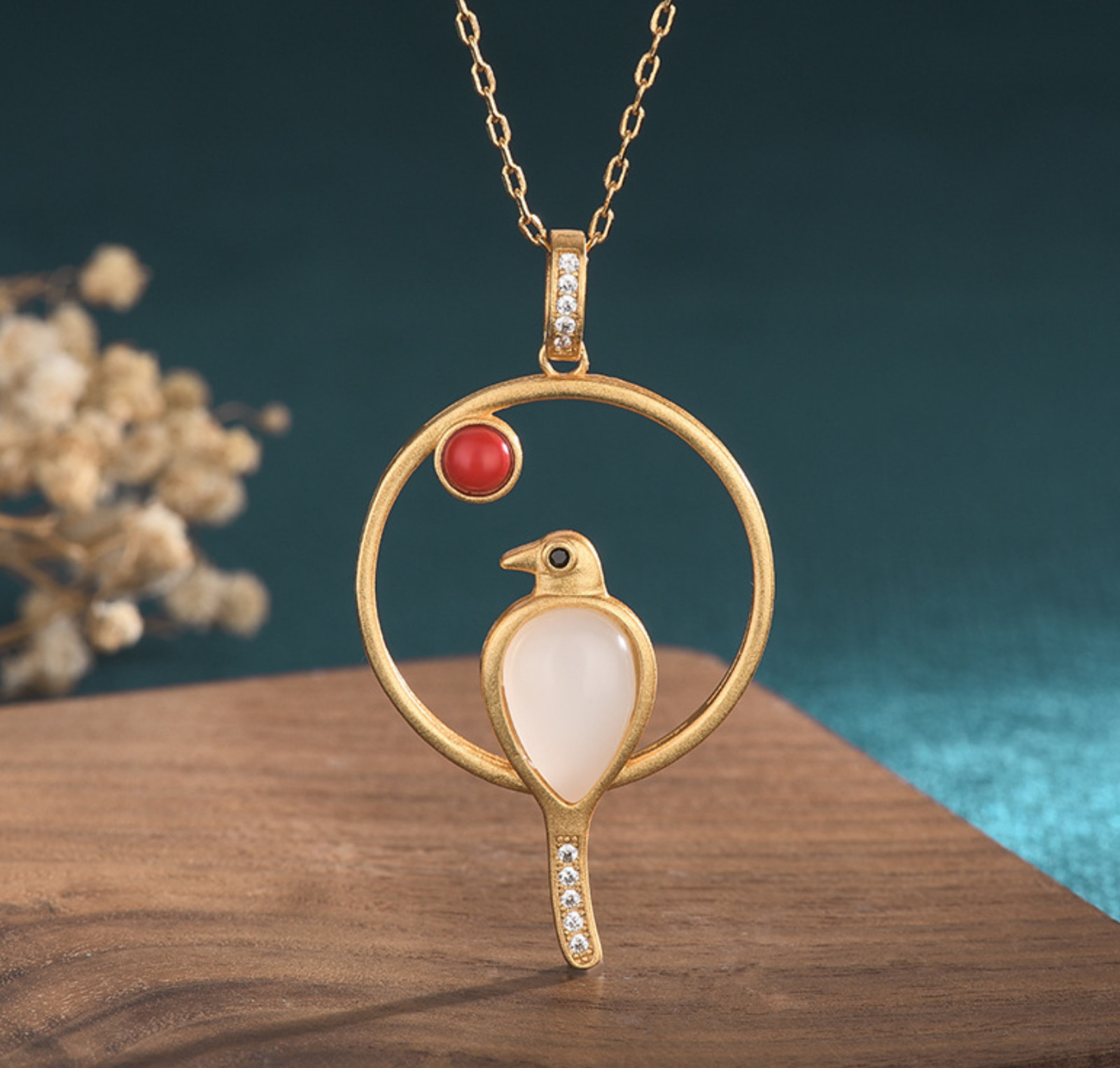 Jade Crystal Pendant Necklace Charm 18K Gold Plated Chain Bird Dainty Gemstone