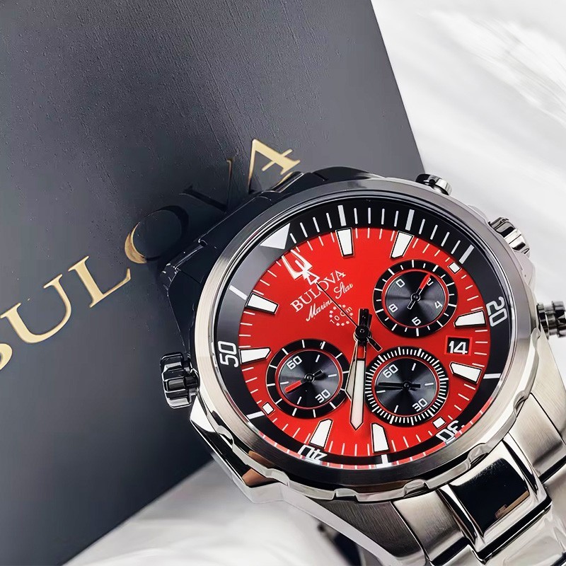 Bulova Marine Star 98B350 Men’s Chronograph Quartz Watch Red Dial Stainless 43mm