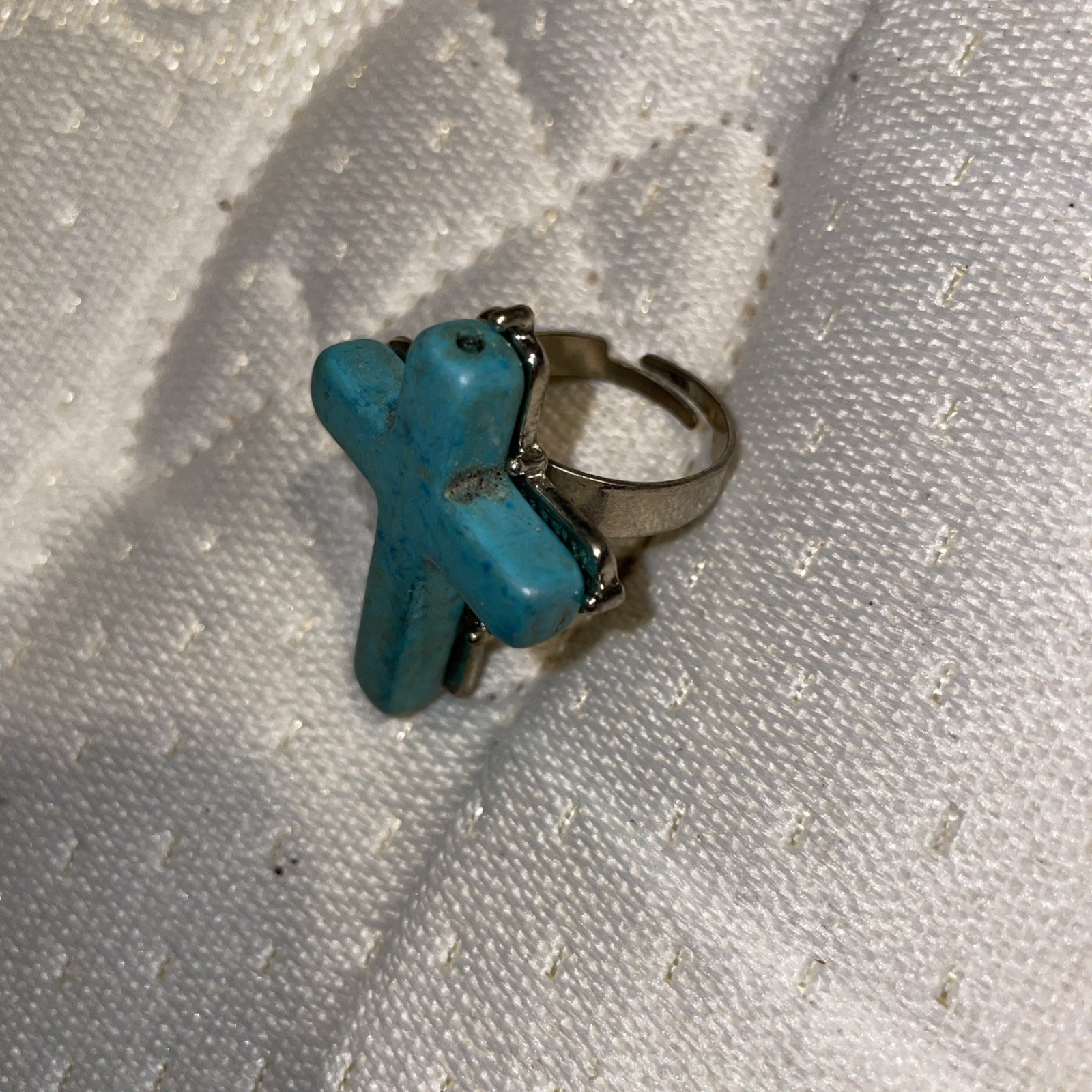 Native American Nickle Silver Tone Turquoise Cross Adjustable Ring