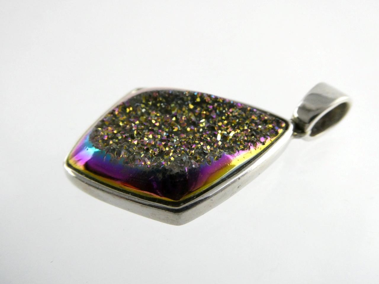 JH Sterling Silver Druzy Aura Quartz Pendant 925 1.5 Inch Length 8.8 Grams