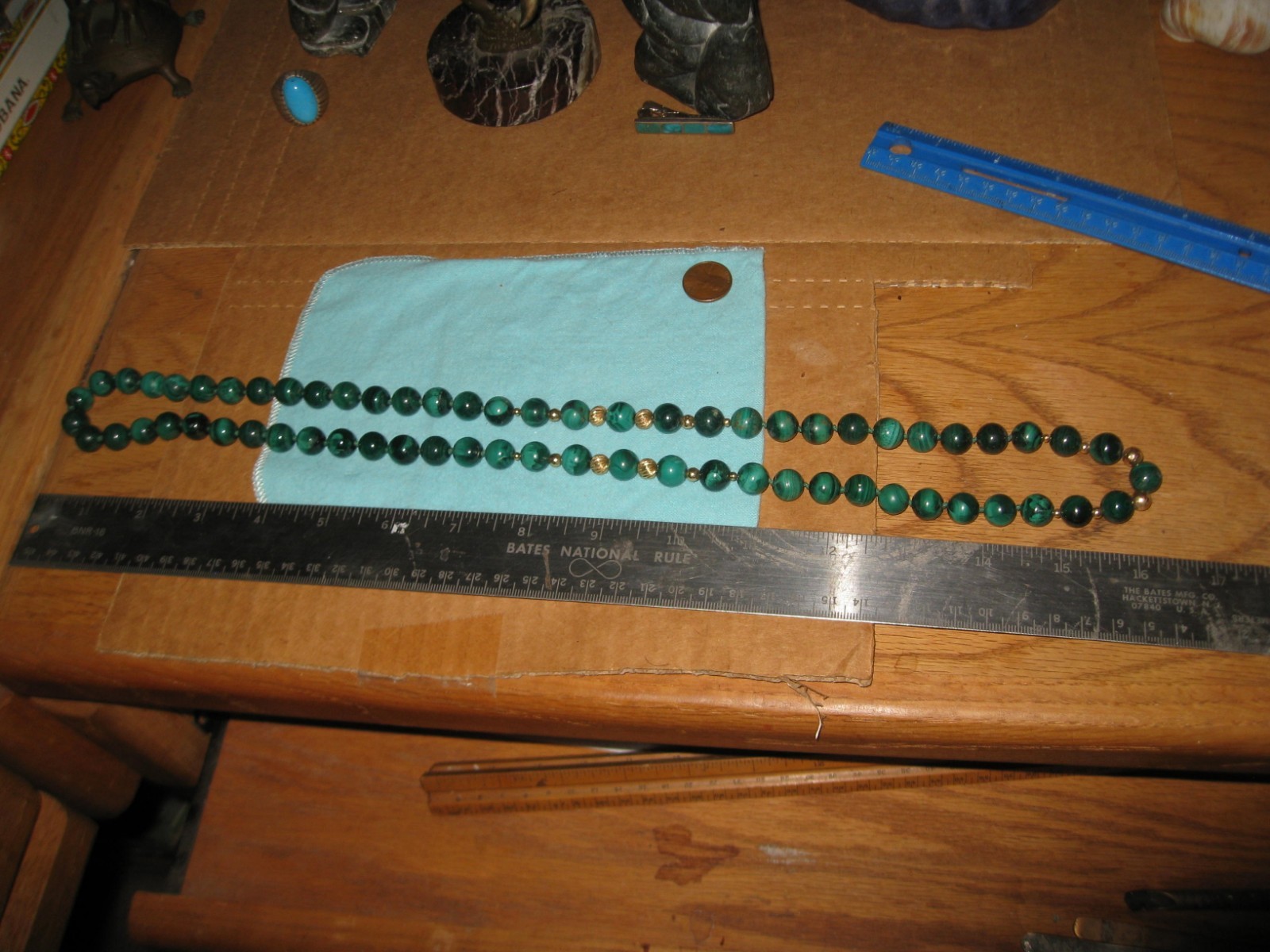 Exquisite Malachite and Gold Beaded Knotted 32″ Necklace 170 grams