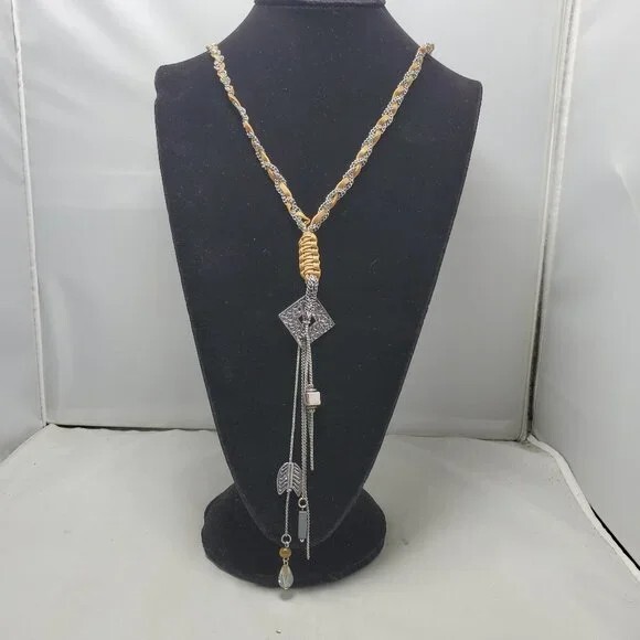 BKE tan leather with silver chain braided neck with hanging charms 27 inch NWT