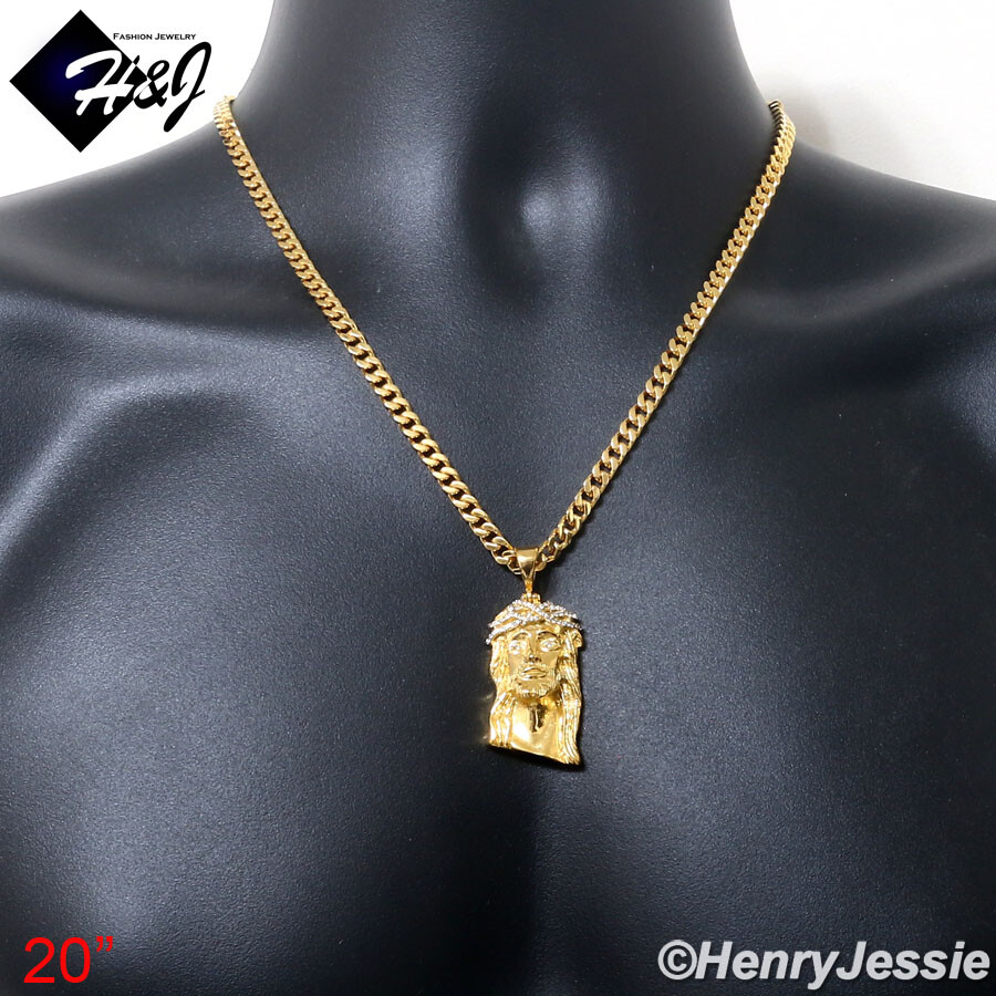 18″-40″MEN Stainless Steel 5mm Gold Plated Cuban Chain CZ Jesus Face Pendant*133