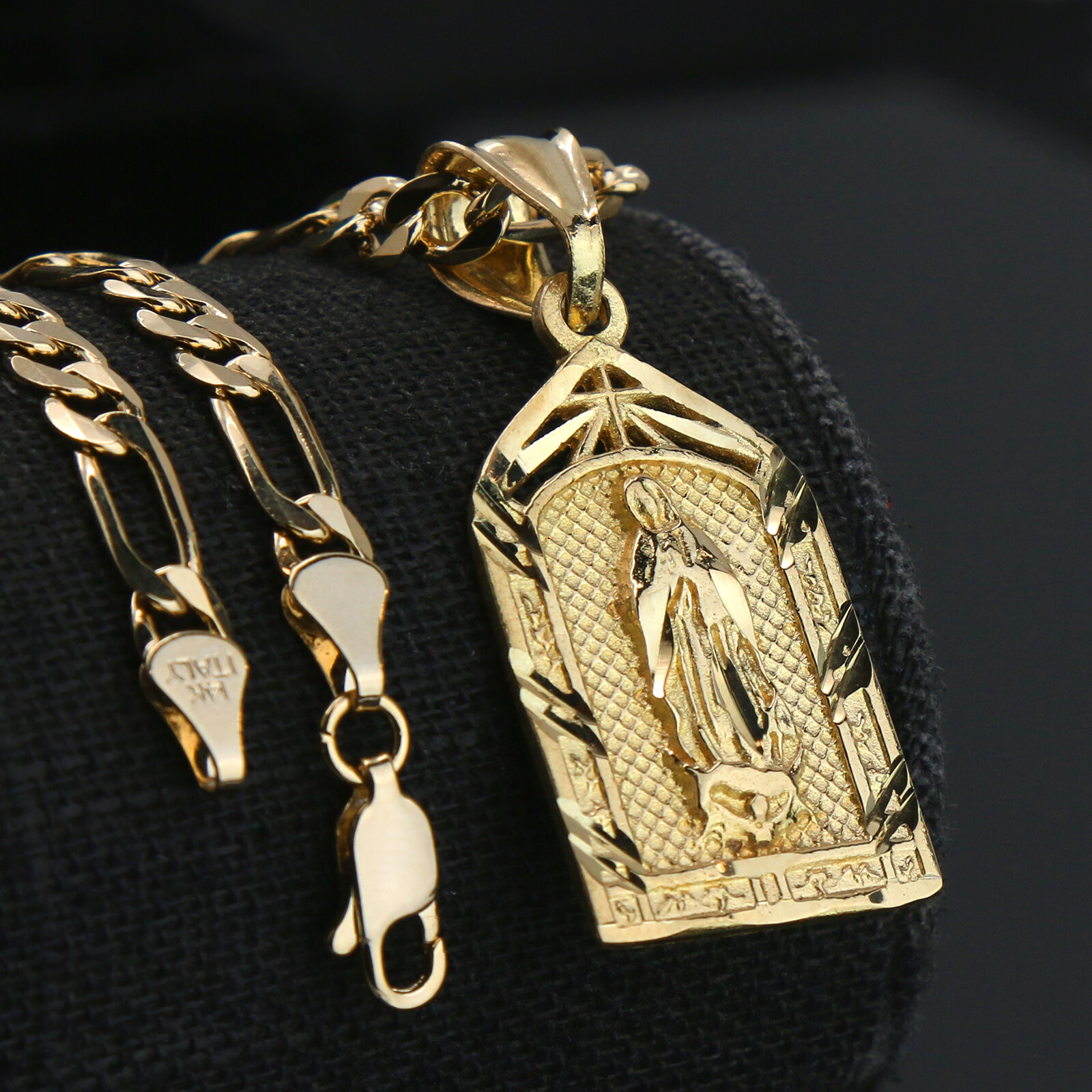 Virgin Mary Temple 14k Gold Plated Brass Pendant 24″ Figaro Choker Chain