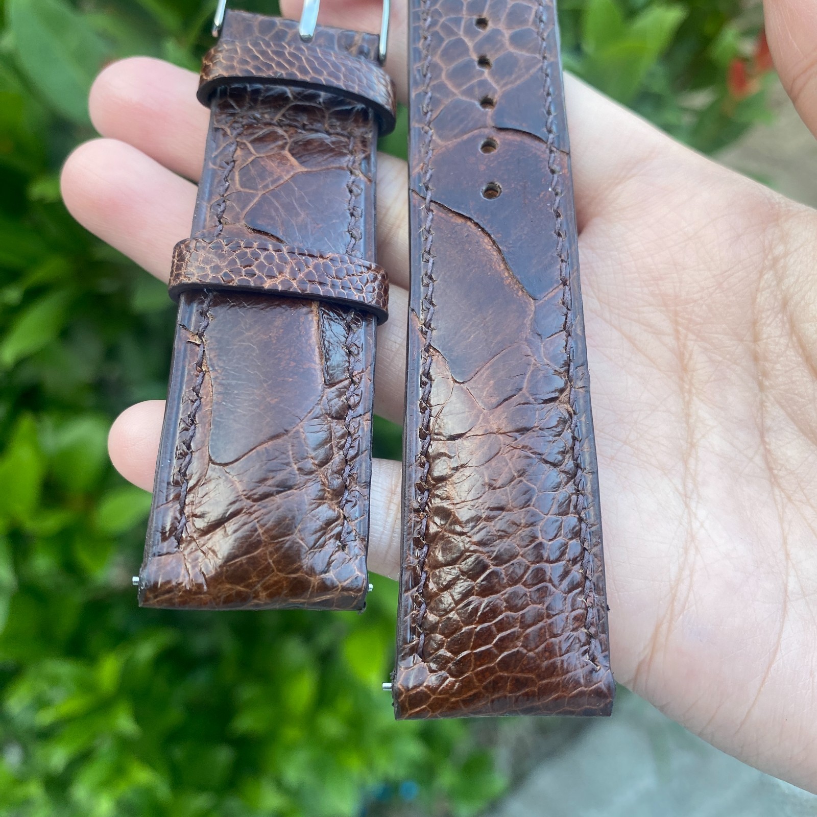 Dark Brown Ostrich Leather Watch Band Customized Watch Strap Silver Buckle