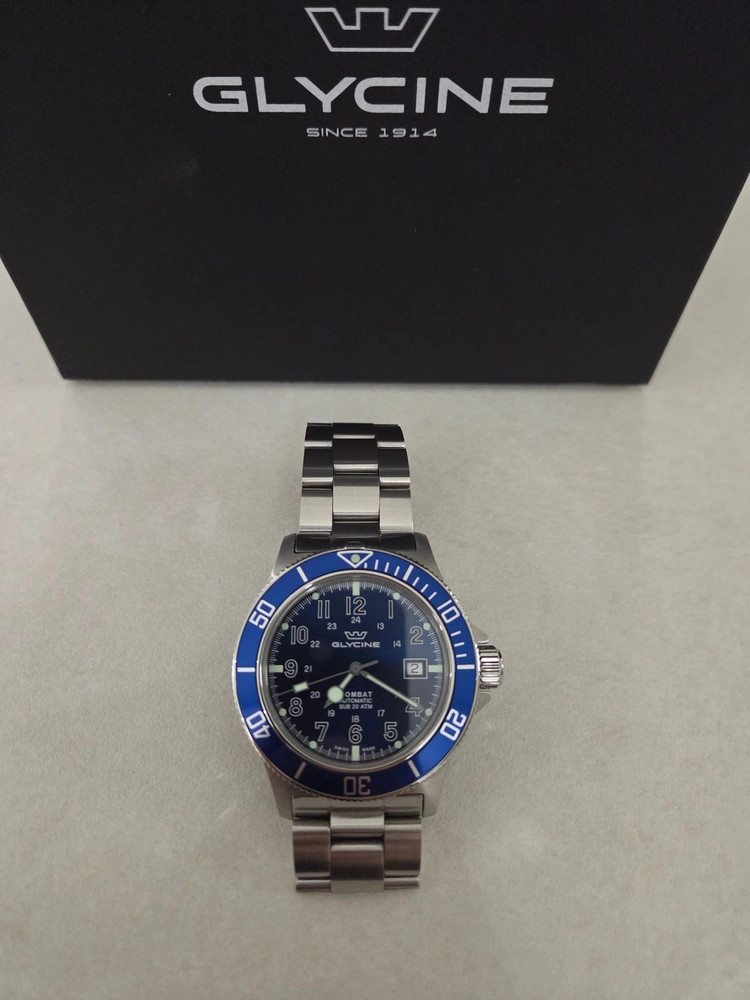 Glycine Combat Sub Automatic GL0077 Blue Dial 42mm Swiss Men’s Watch Box Papers