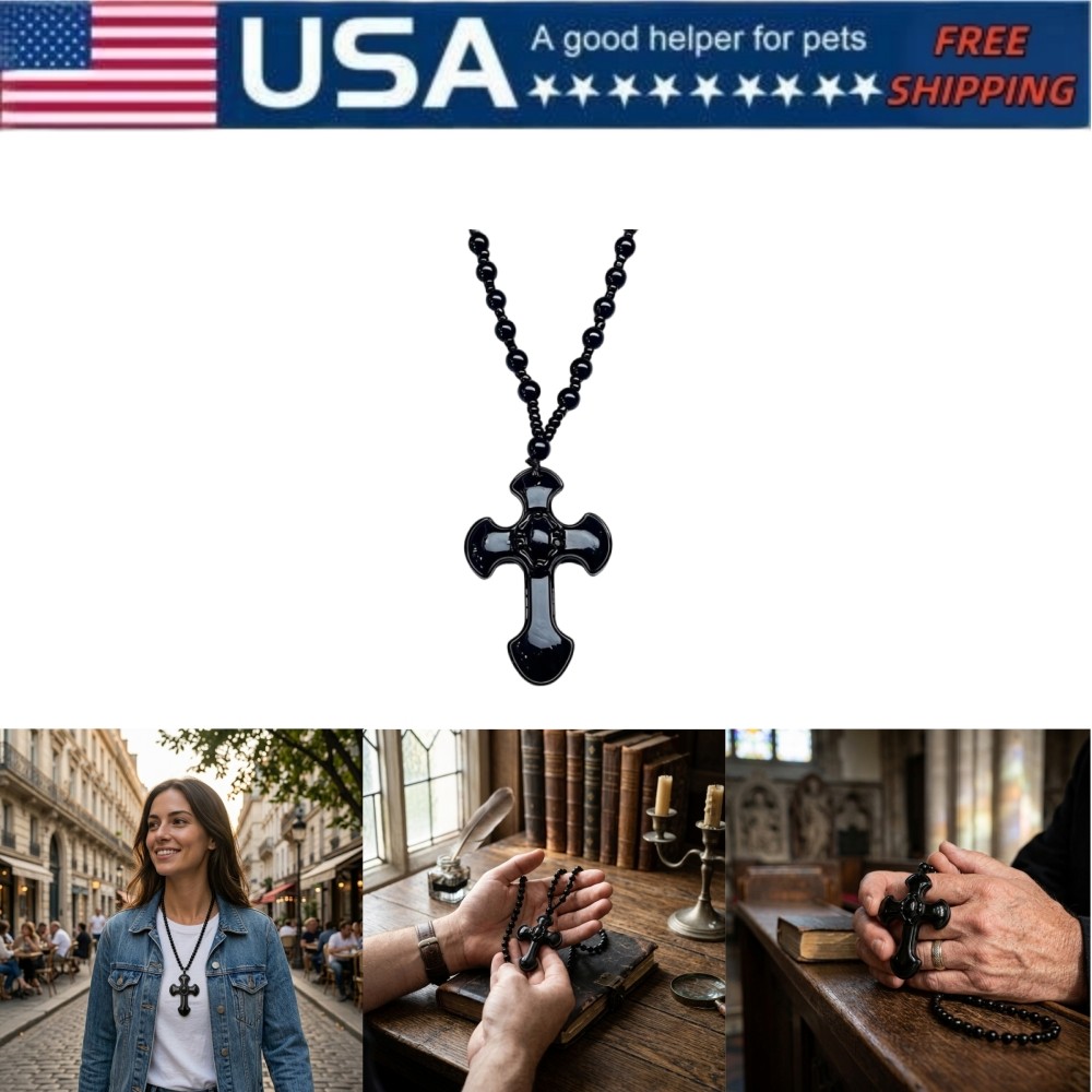 Black Glass Cross Pendant Necklace, Imitation Obsidian Beaded Christian Jewelry
