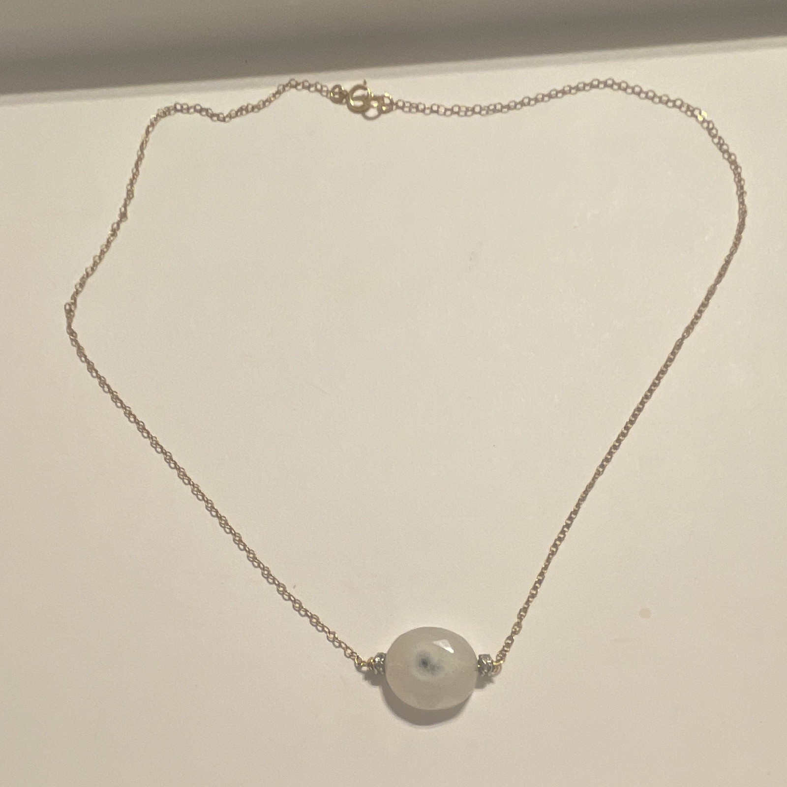 Gold Tone Cable Chain Necklace w/ Round White Agate Stone Charm Pendant