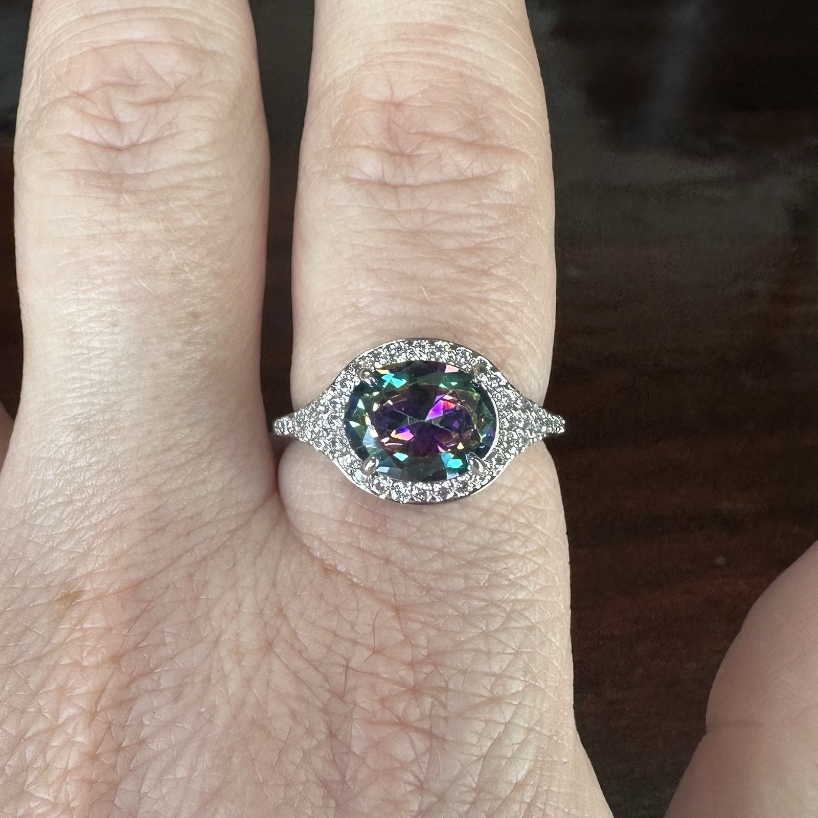 Bomb Party Ring- 6663- Lab Created Rainbow Topaz- Size 8- Rhodium Plated