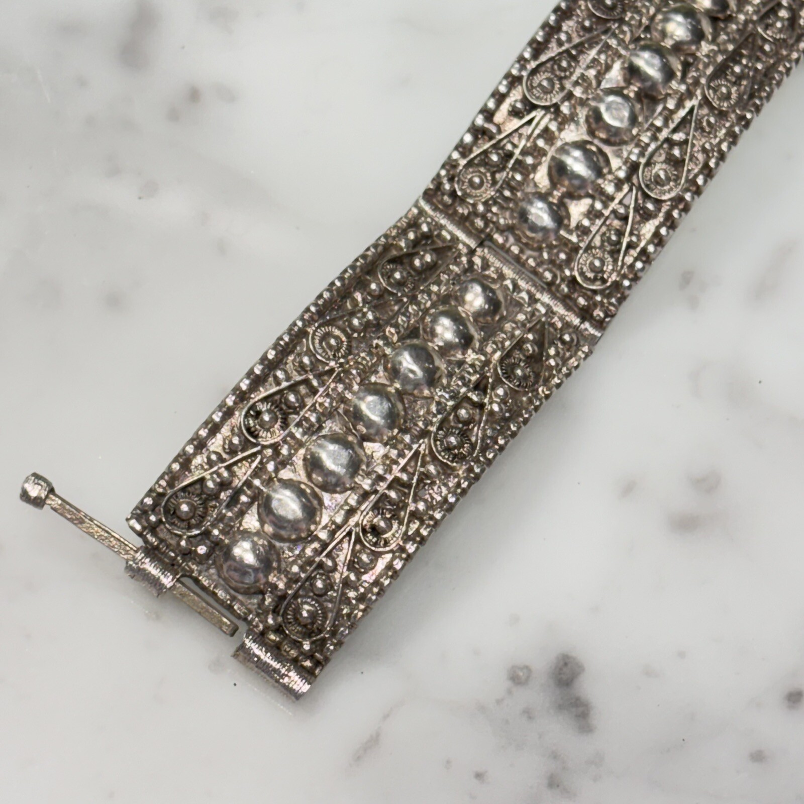Antique Sterling Silver 935 Scroll Ball Dot Hinged Panel Bracelet 7” Long 30.0g