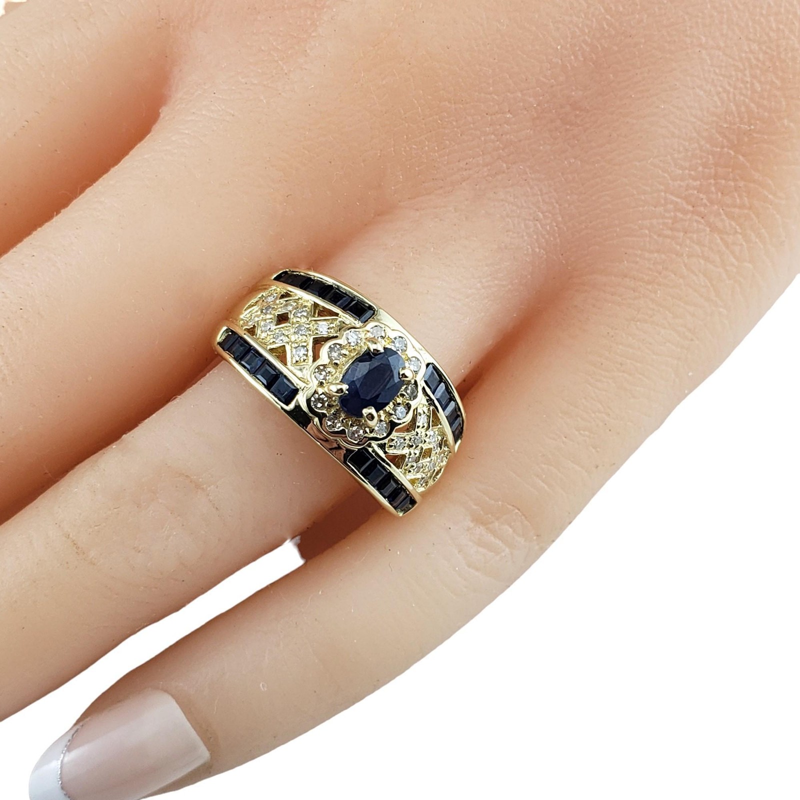 14 Karat Yellow Gold Natural Sapphire and Diamond Ring Size 6.75 #24901
