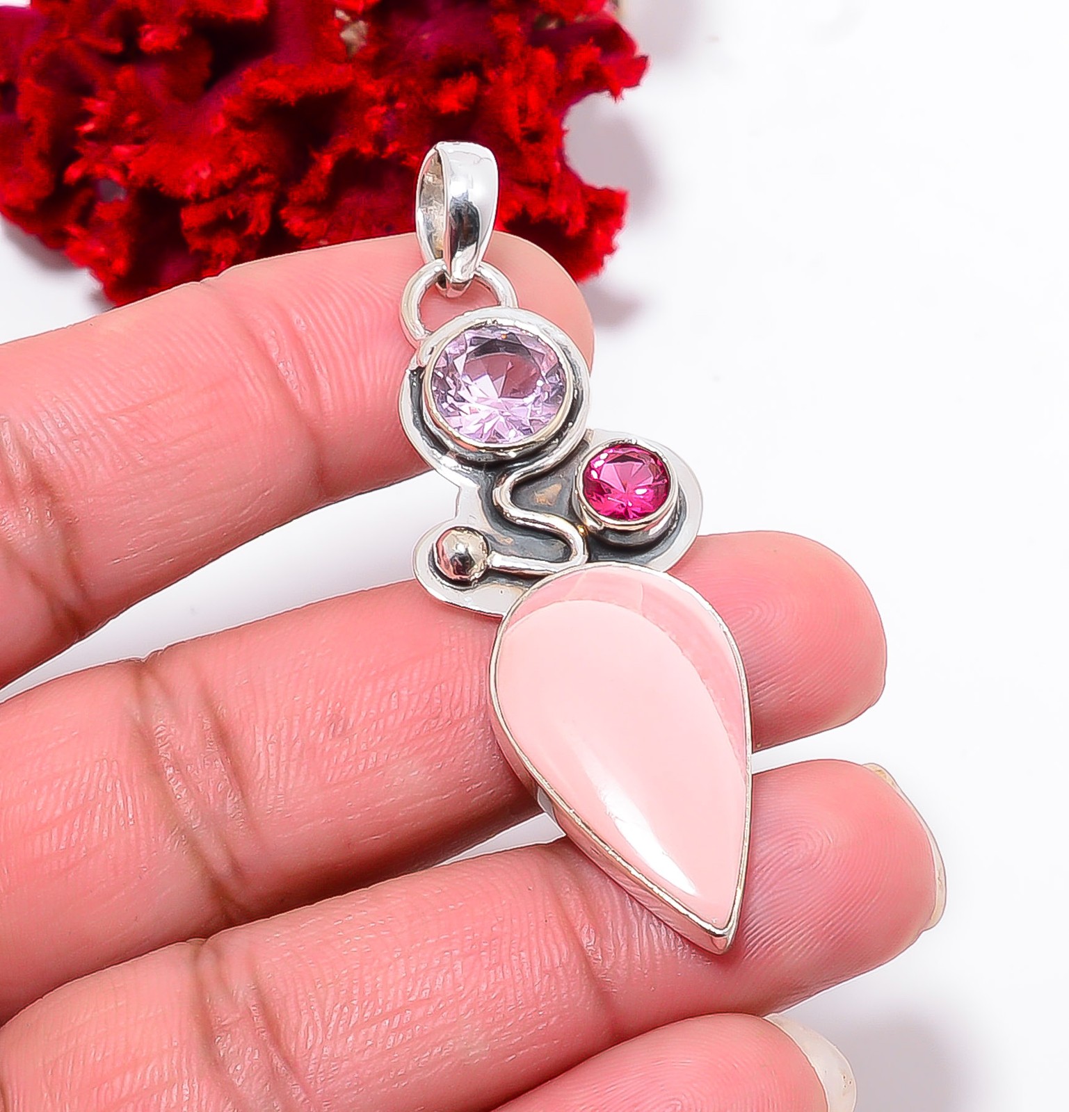 Pink Opal – Australia & Pink Kunzite 925 Sterling Silver Pendant 2.34″ P94352