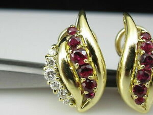 10K Yellow Gold 2Ct Lab-Created Red Ruby Diamond Omega Back Stud Earring
