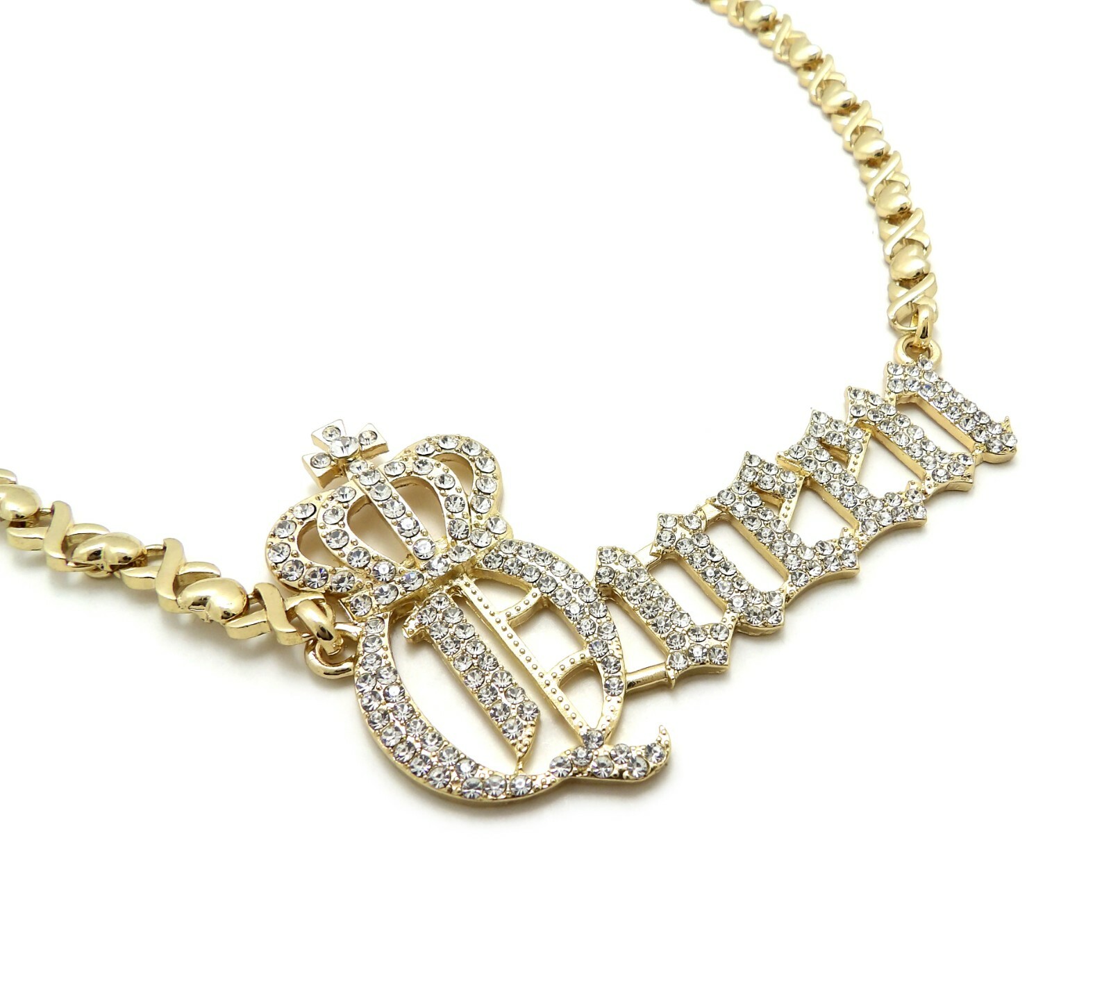 WOMEN GOLD PLATED ALLOY ICED QUEEN CUBIC ZIRCONIA PENDANT 18″ XO CHAIN NECKLACE