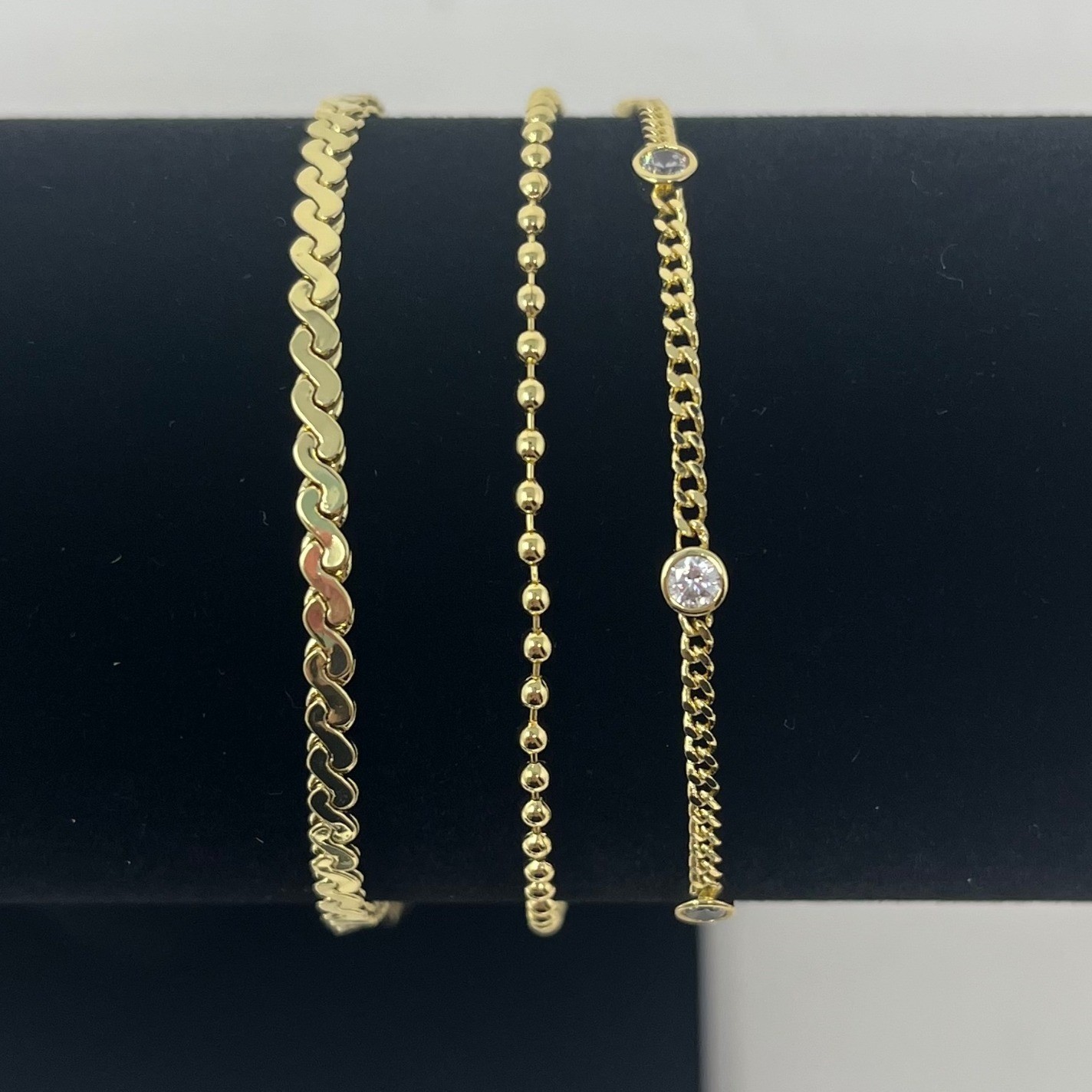 Pavoi Gold Tone Bracelet Set 3 Piece Layering Chains Cubic Zirconia Bezel