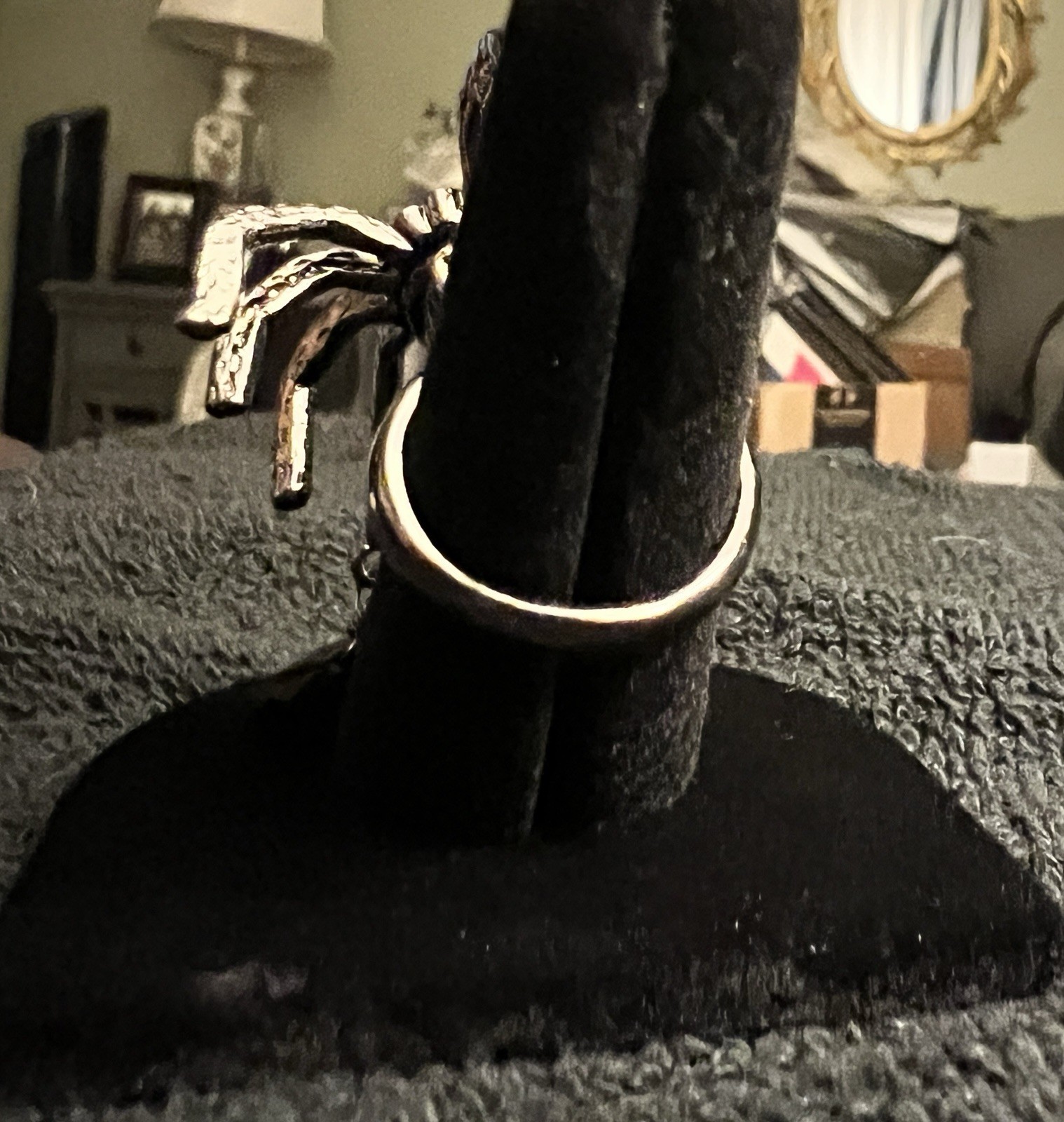 Vintage Betsey Johnson Spider Ring Clear & Black Crystals Dangly Black Bead