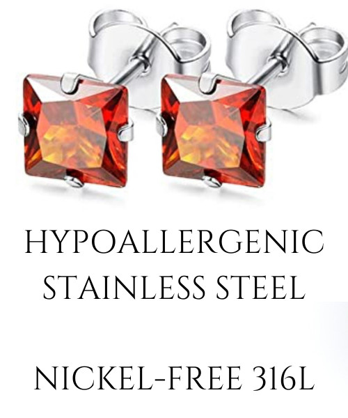 3/4/5/6/7mm Square CZ Garnet Stud Earring January Birthstone Red Stainless Steel