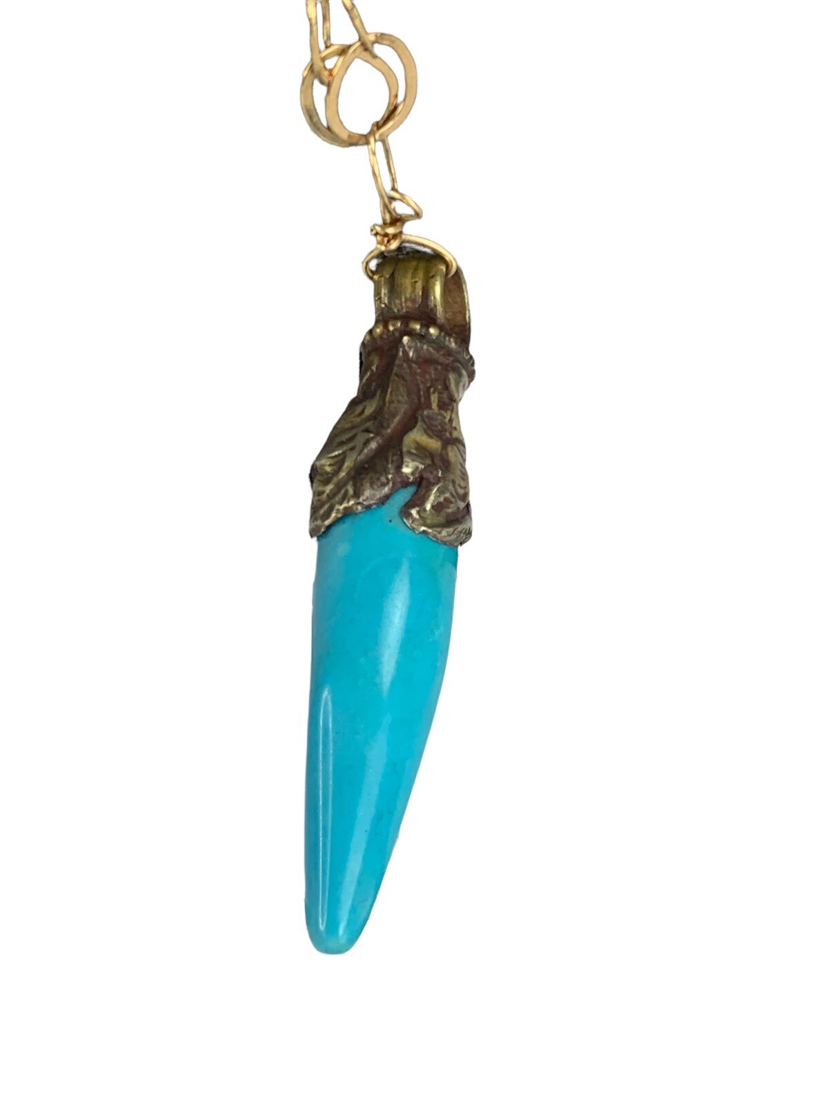 Vtg Horn Tooth Turquoise Color Gold Necklace Aged Brass Gold Tone Chain 24”+2”