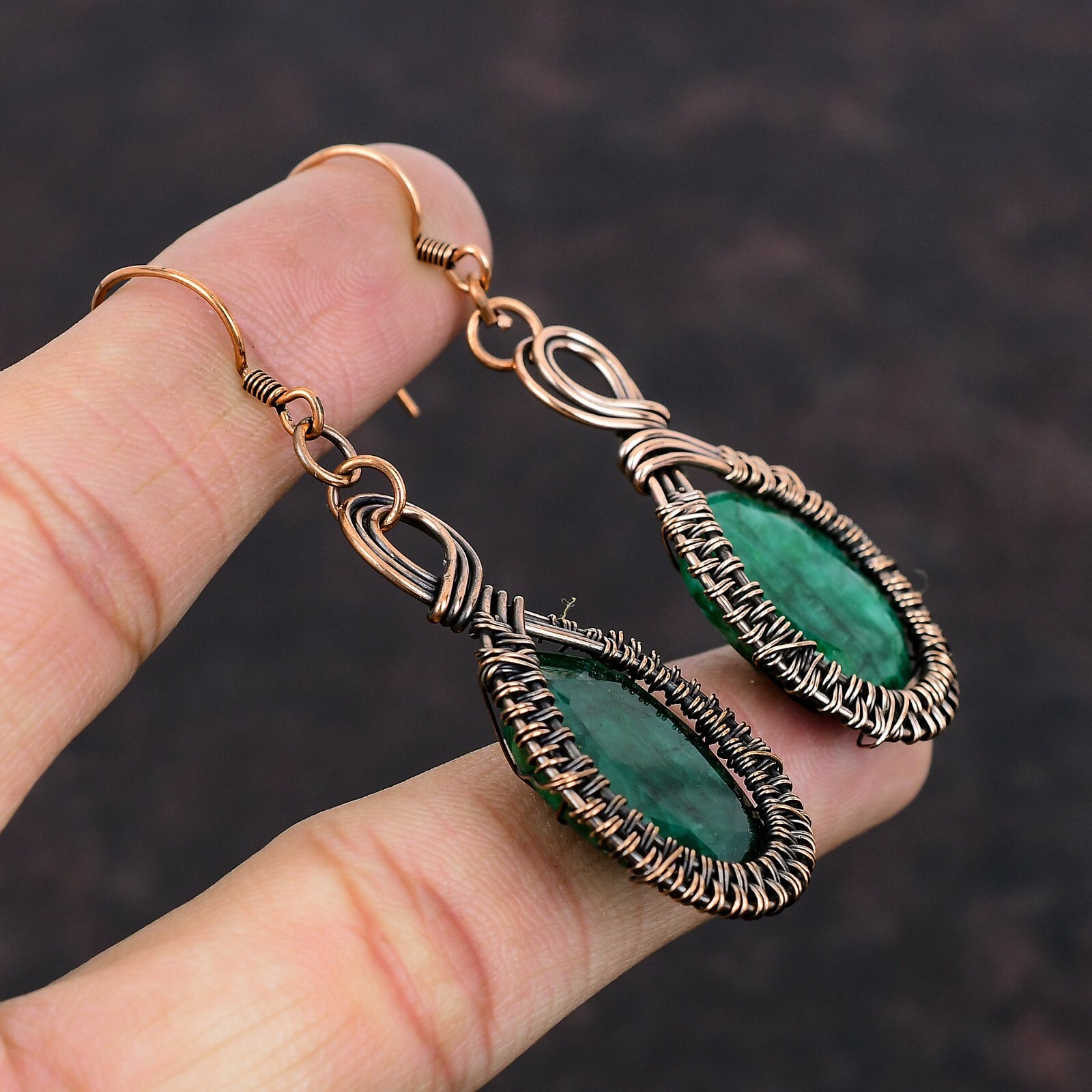 Faceted Zambian Emrald Copper Jewelry Wire Wrapped Drop/Dangle Earrings 2.56″