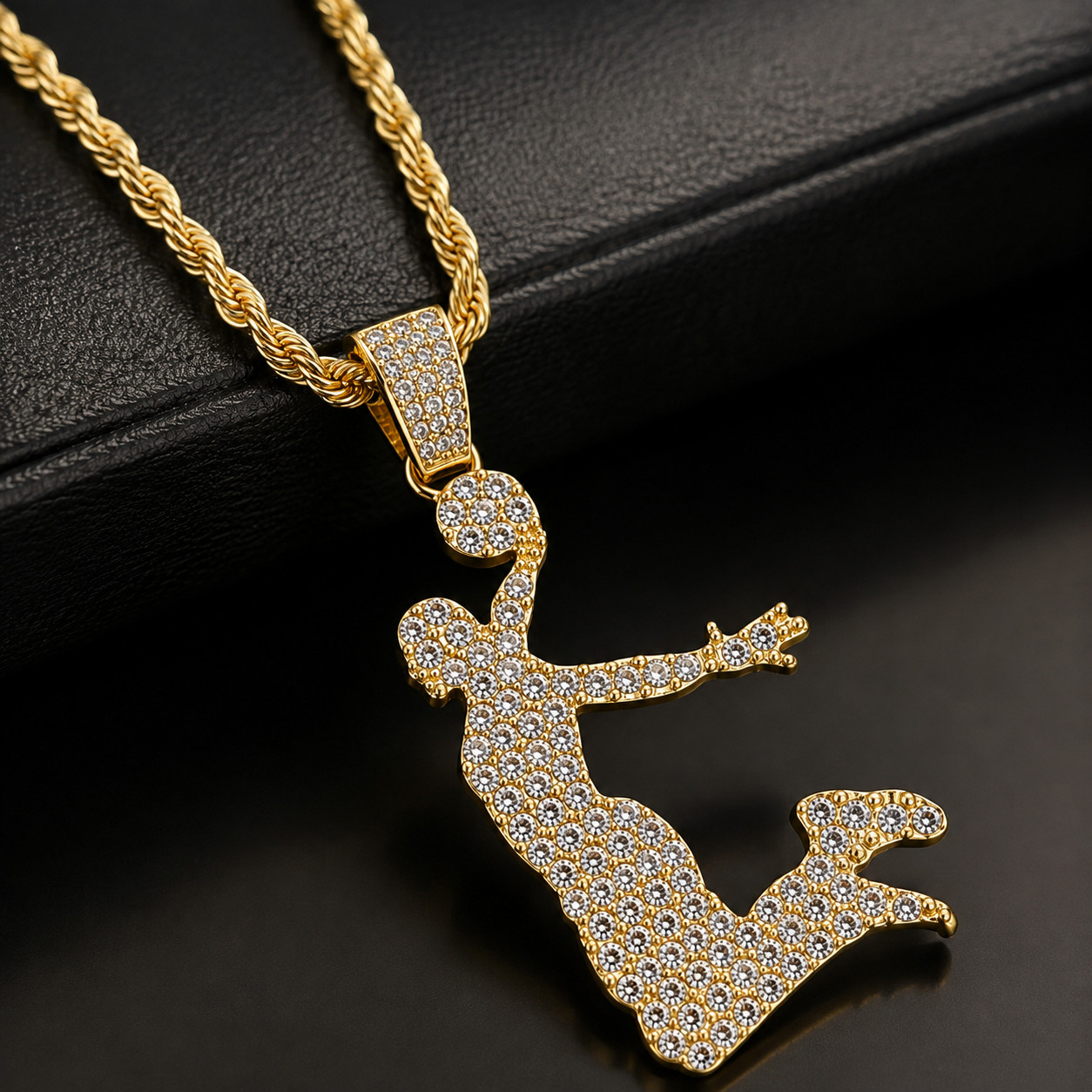 Basketball Player Dunk Pendant Necklace Iced Out CZ Gold Hip Hop Rope Chain
