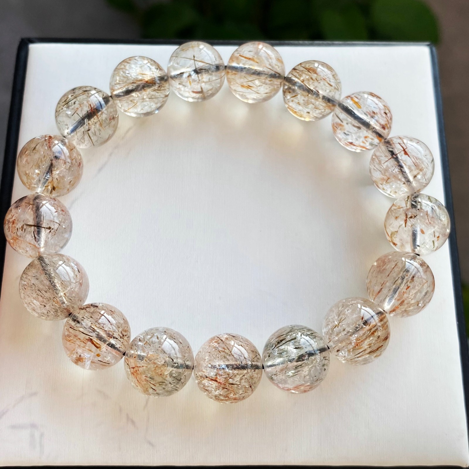 12.9mm Natural Black Gold Rutilated Super 7 Quartz Crystal Beads Bracelet 2571