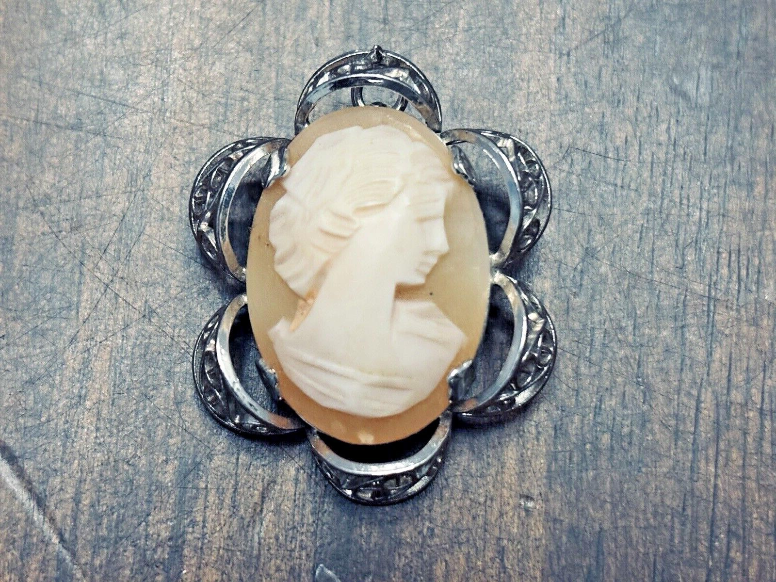 Sterling Silver Eniko Brooch Pendant with Cameo and Filigree Design 1 x 1 3/8 In