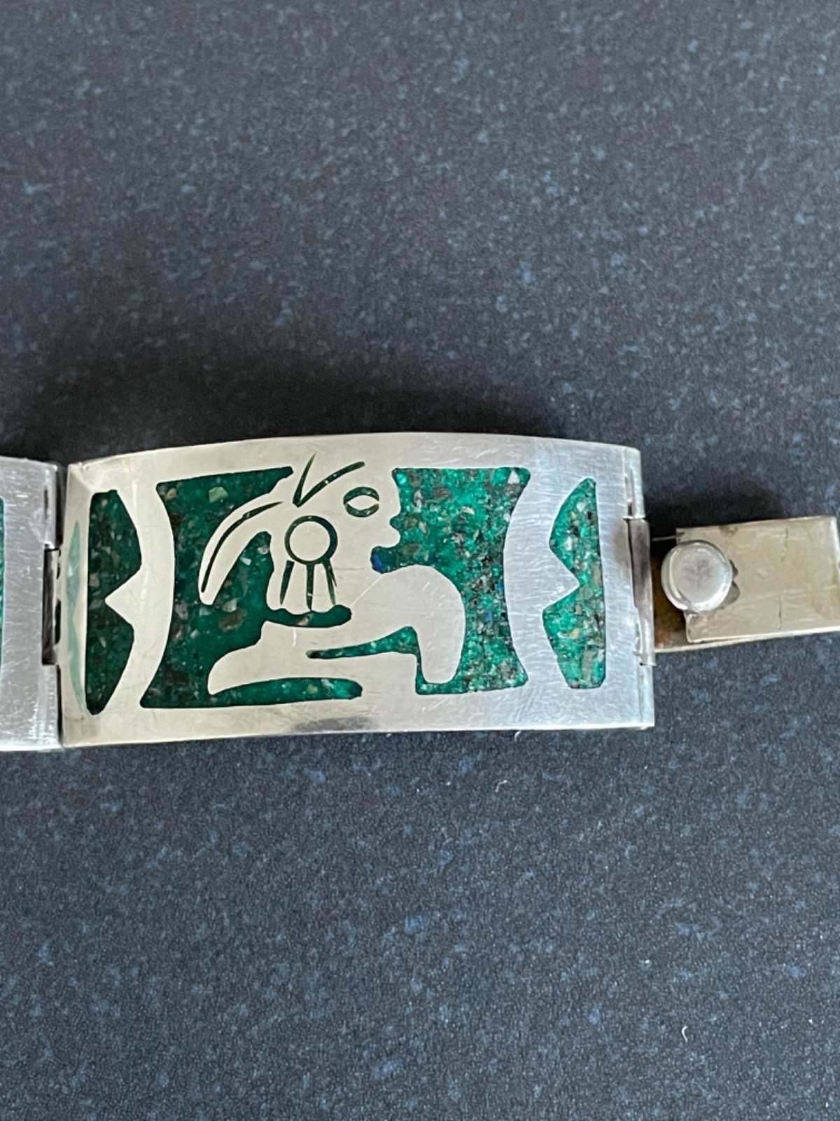 Solid 925 Silver Bracelet from Taxco Mexico Handmade with Green Stone Inlay