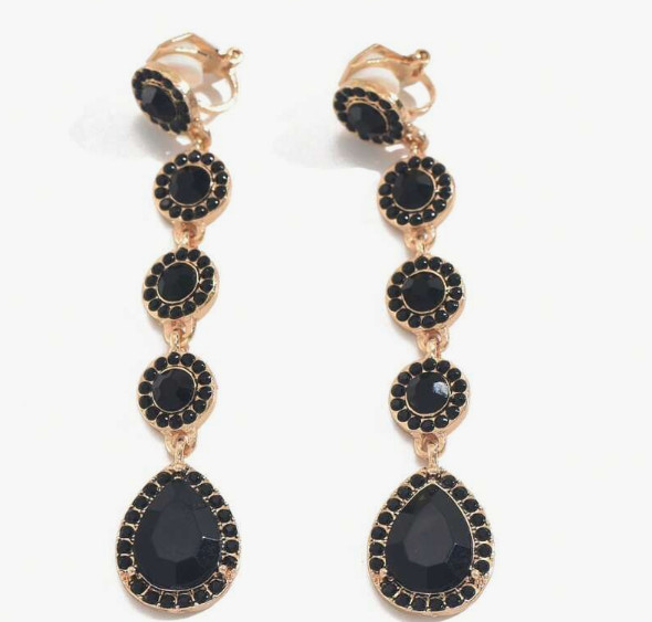 Black Clip On Earrings Retro Etruscan Revival Cabochons Gold Bow Beads