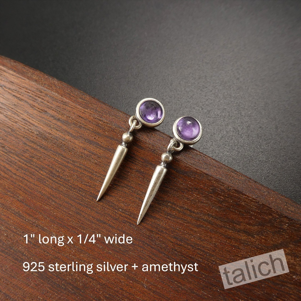 925 Sterling Silver Small Amethyst Stud Earrings with Spike Drop Minimal Unique