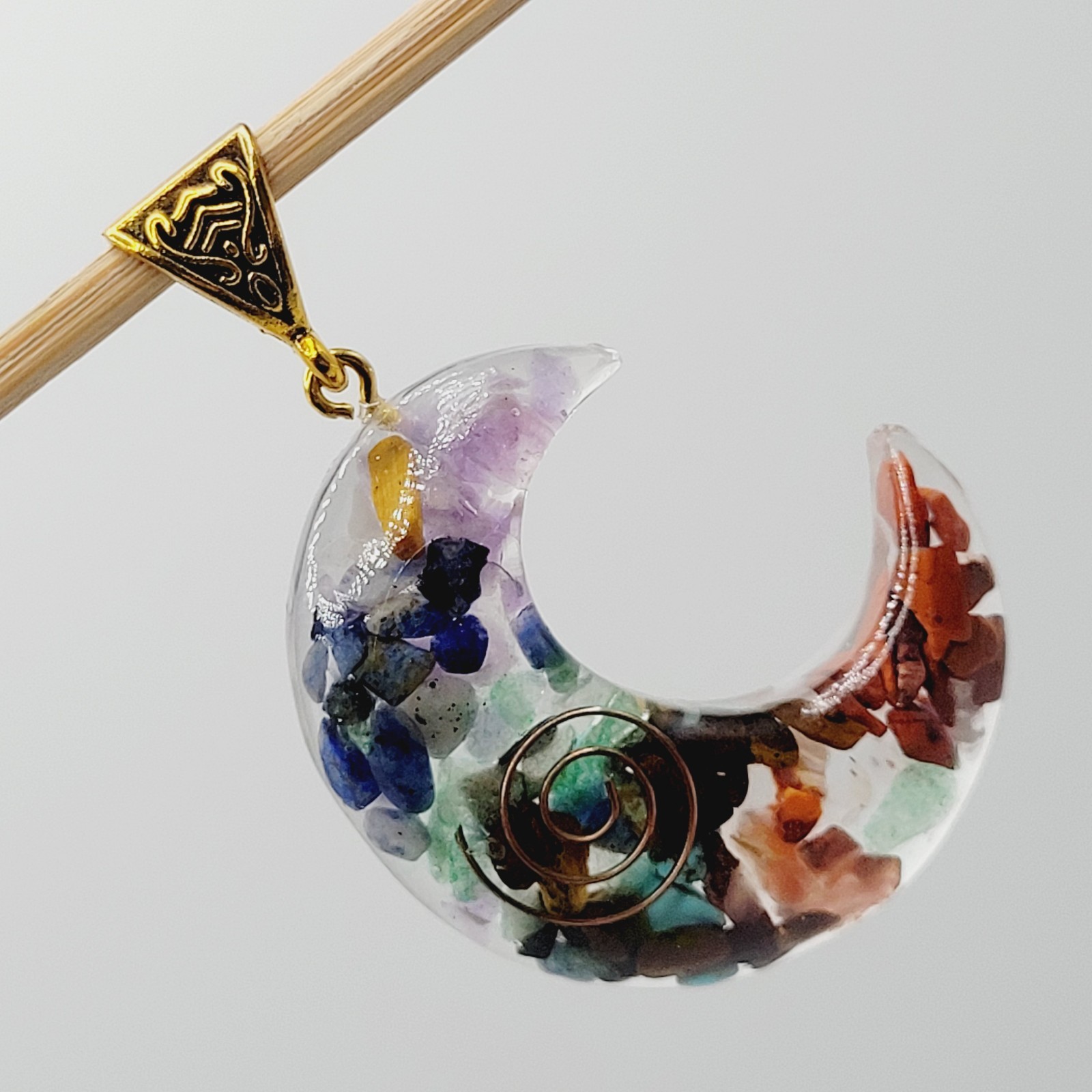 Crescent Moon Shape Orgone Chakra Crystal Chip Pendant Ornate Bail No Chain