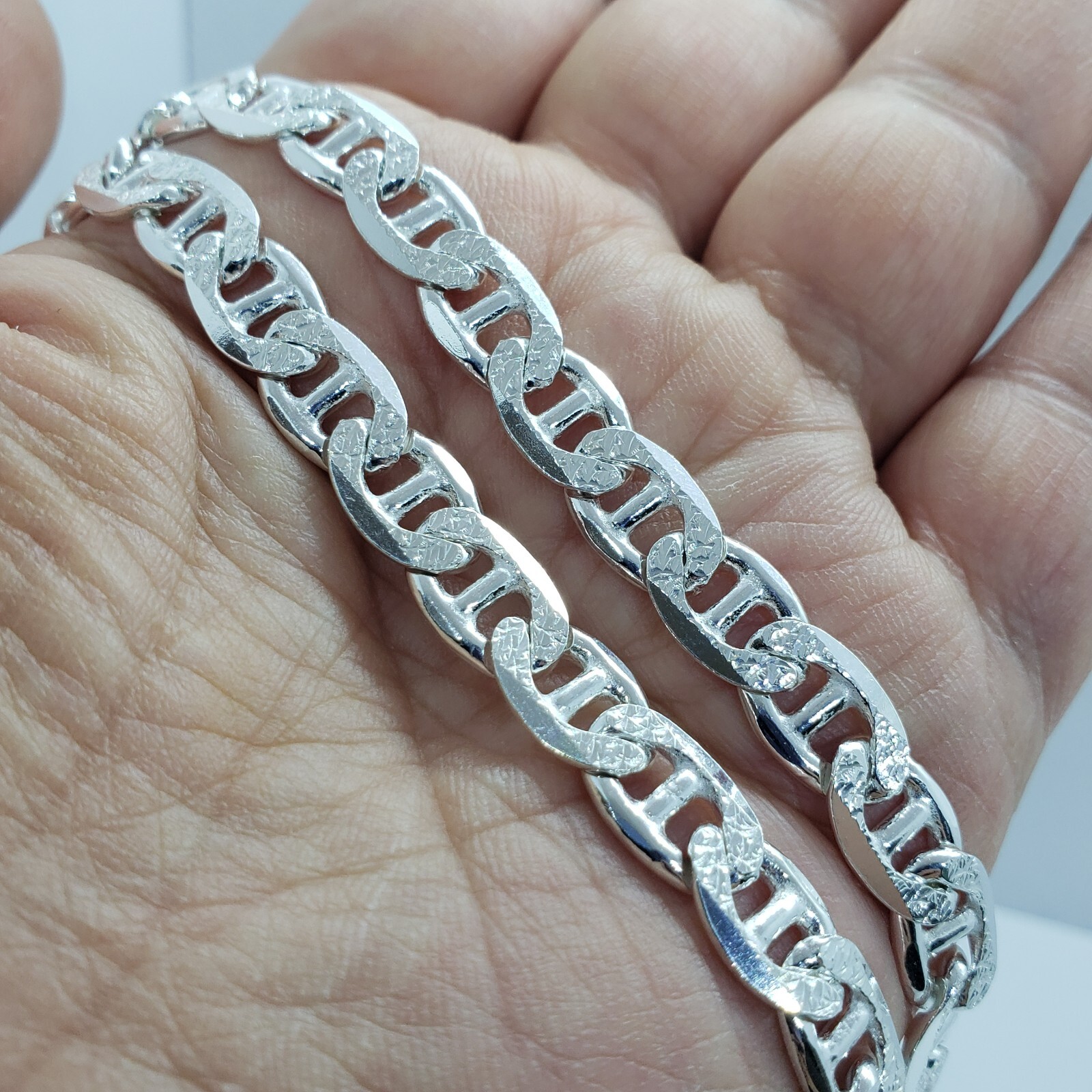 Sterling Silver D/C Flat Mariner Link Chain Necklace Bracelet Italy 8mm, 7″-30″