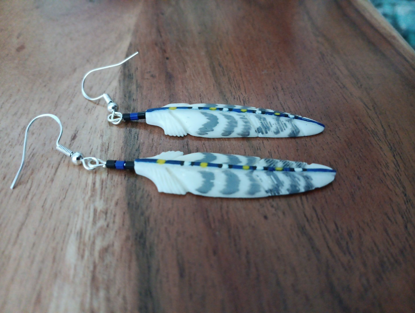HANDMADE CARVED WATER BUFFALO BONE FEATHER EARRINGS ALASKA BONEYARD COLLECTION