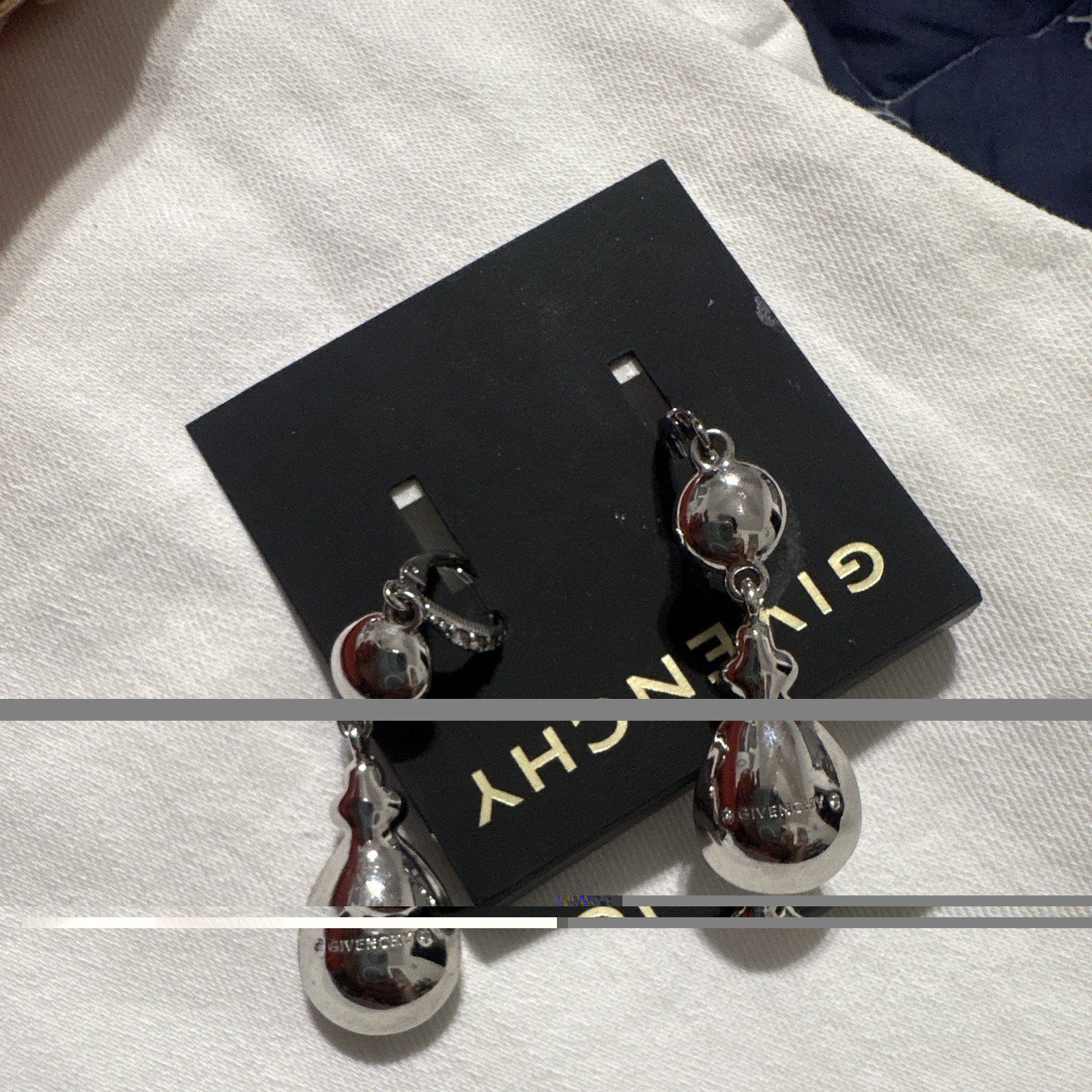 Givenchy Silver Tone Clear Crystal Teardrop Dangle Earrings Leverback Signed