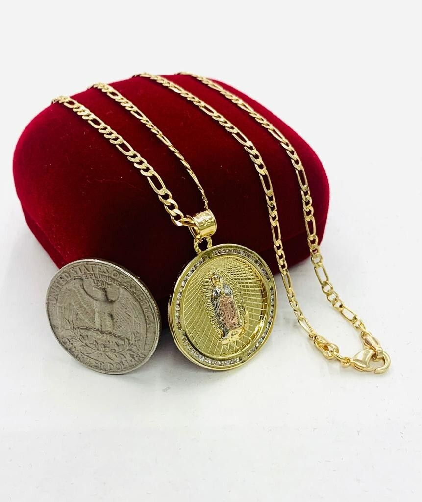 18″ Cadena y Medalla De La Virgen de Guadalupe Oro Laminado Para Mujer Tres Oros
