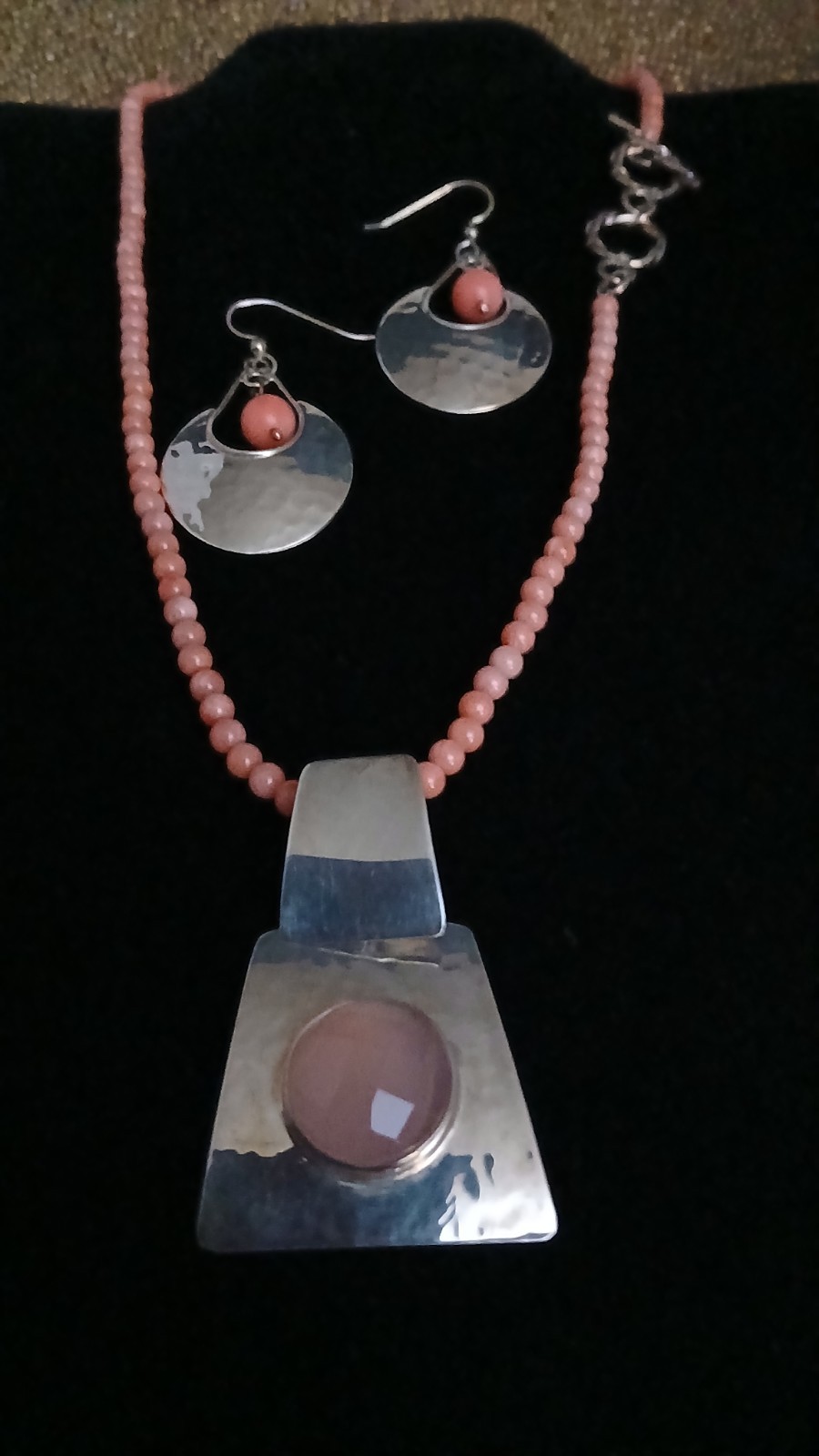 HSN DDD Geometric Pendant & Earrings- Coral Beaded Necklace Set 925