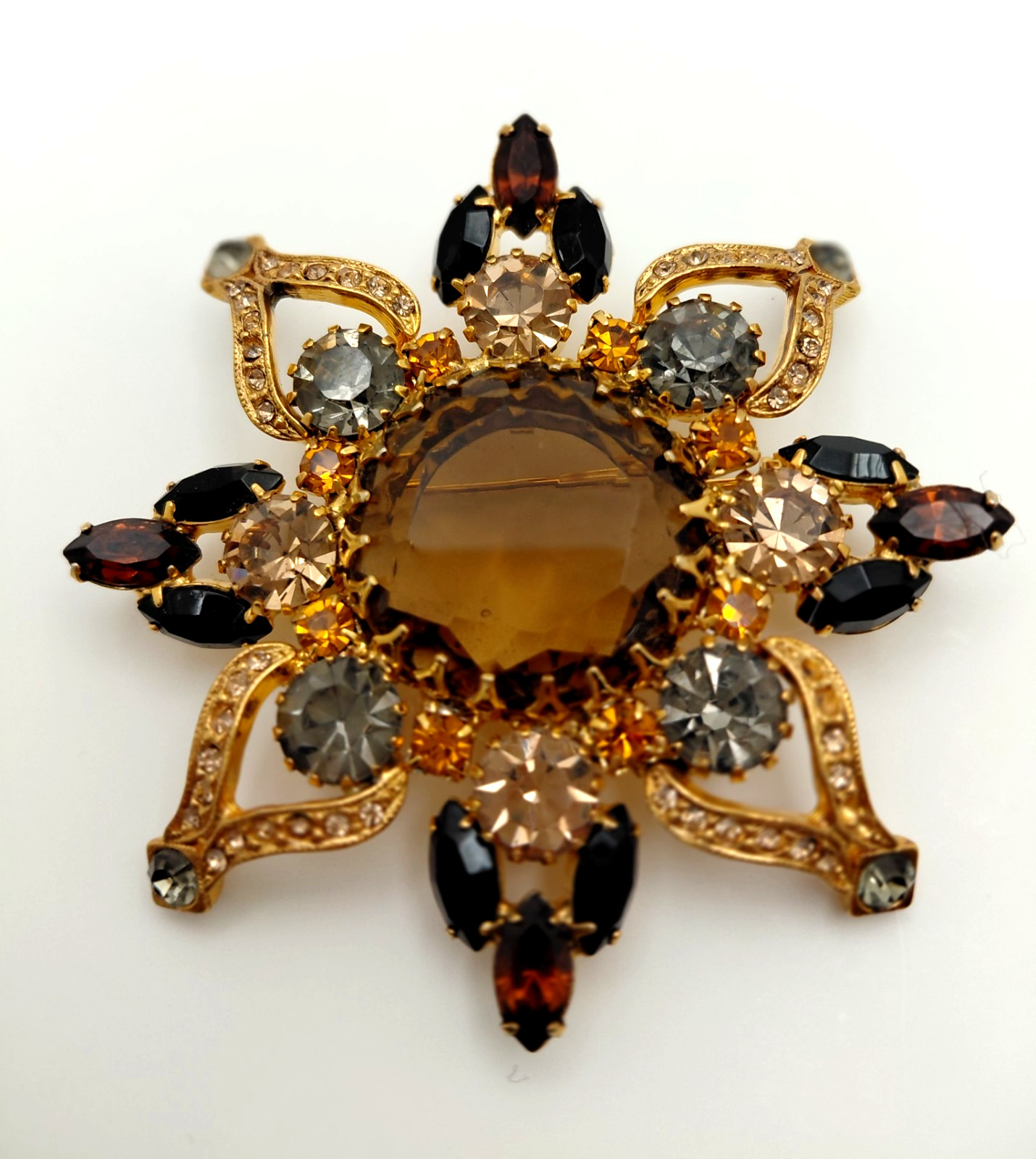 Robert Rose Flower Brooch Multicolor Rhonestones Gold Tone Setting