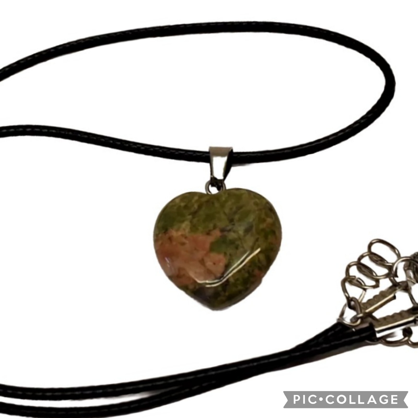Unakite Gemstone Heart Pendant Necklace 10″ L Black Cord Boho Fashion Gift Ideas