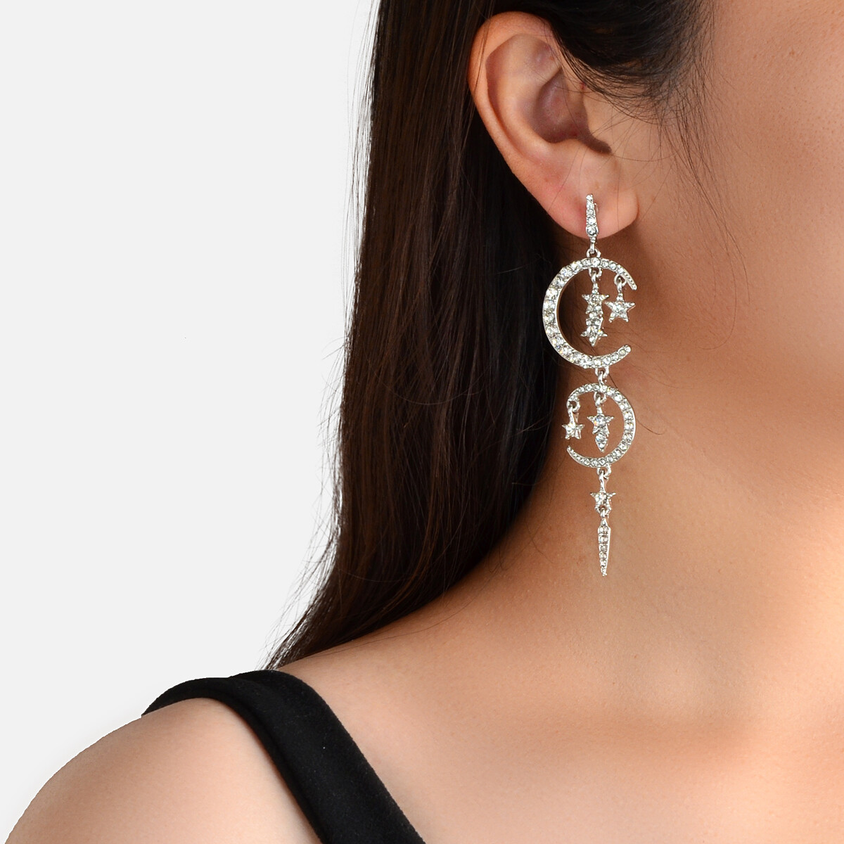 Starry Night Sky Dangle Earrings with Crescent Moon Celestial Jewelry Party Gift