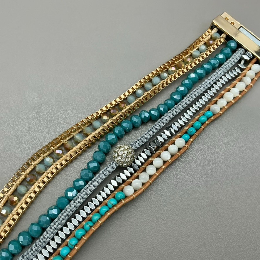 Victoria Emerson Bracelet Multi Strand Teal Beaded Crystal Leather Magnetic 7.5″