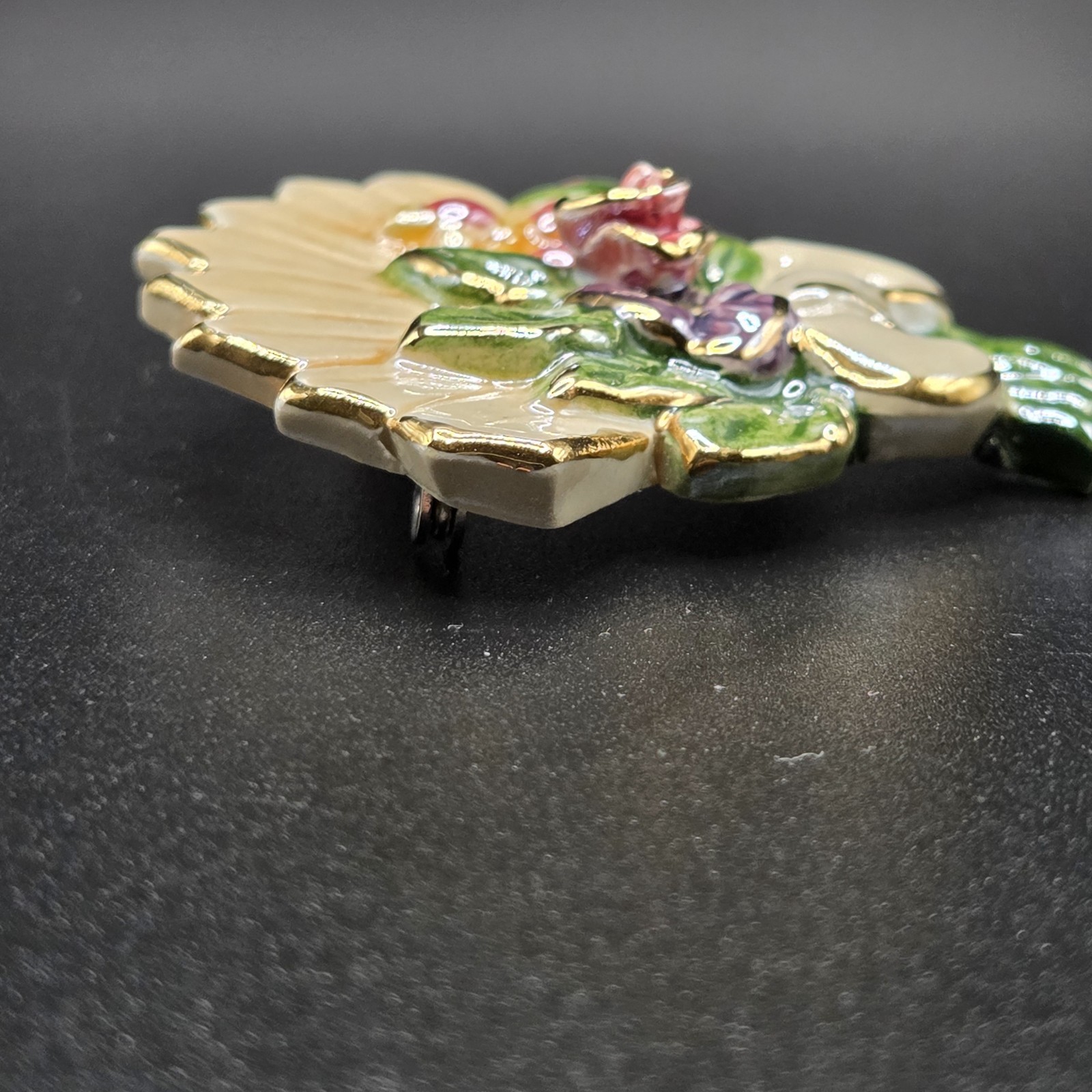 Fan Shaped Brooch Enamel On Ceramic