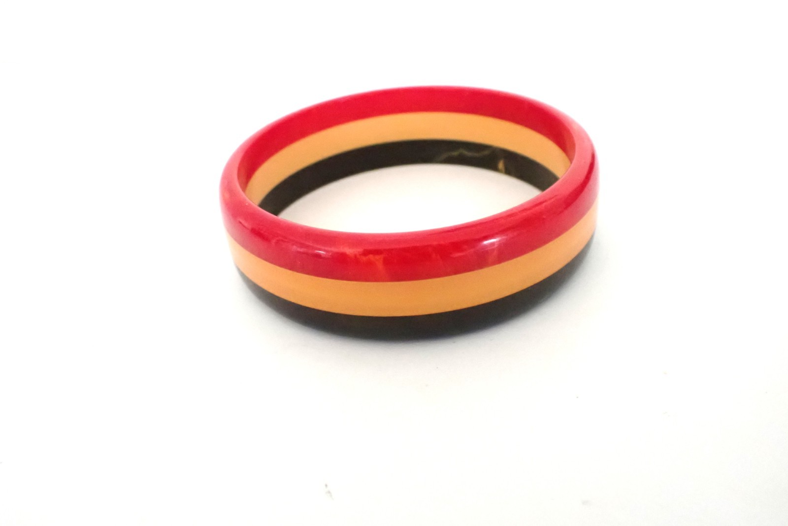 Vintage 3 Color Striped Laminated Bakelite Bangle Bracelet Black Yellow Red