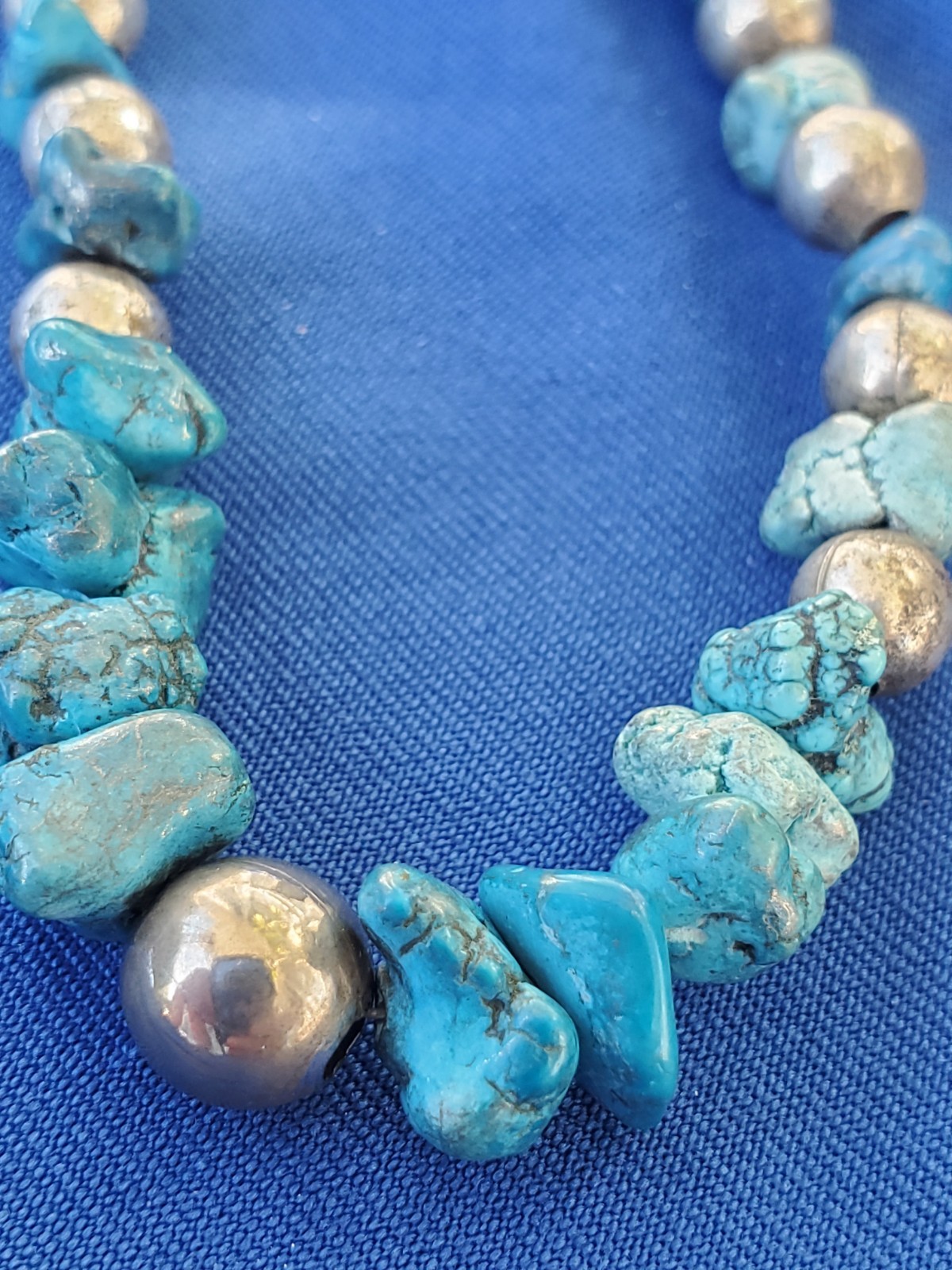 Original NATIVE VINTAGE NAVAJO TURQUOISE STERLING SILVER Beads NECKLACE 21″ INCH